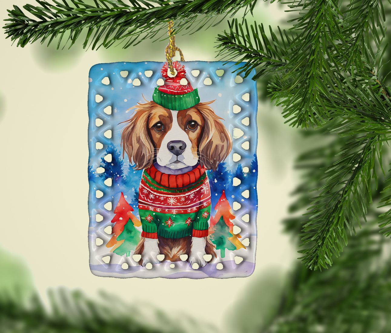 Cavalier Spaniel Christmas Porcelain Ornament Christmas Tree Hanging Decorations for Home Christmas Holiday, Rectangle, Gift, Multicolor
