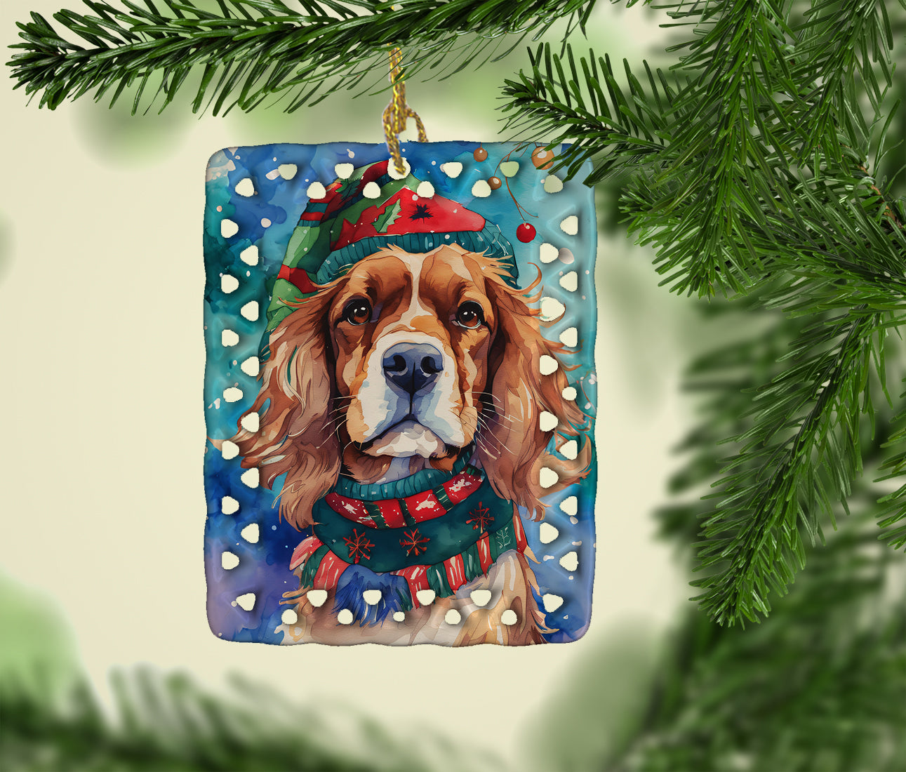 Cavalier Spaniel Christmas Porcelain Ornament Christmas Tree Hanging Decorations for Home Christmas Holiday, Rectangle, Gift, Multicolor
