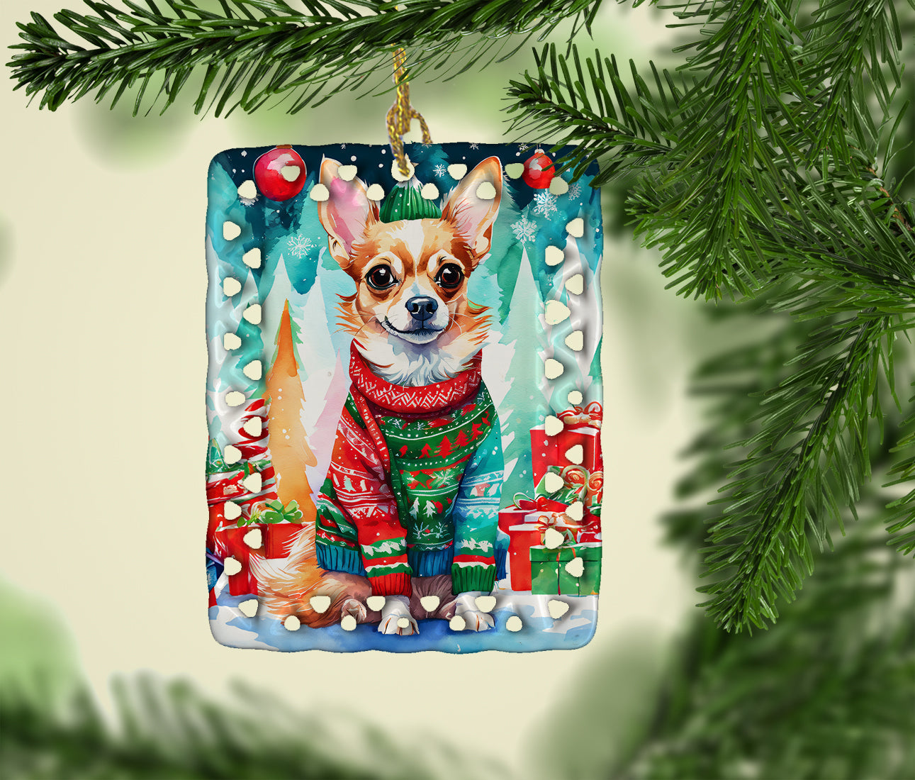 Chihuahua Christmas Porcelain Ornament Christmas Tree Hanging Decorations for Home Christmas Holiday, Rectangle, Gift, Multicolor
