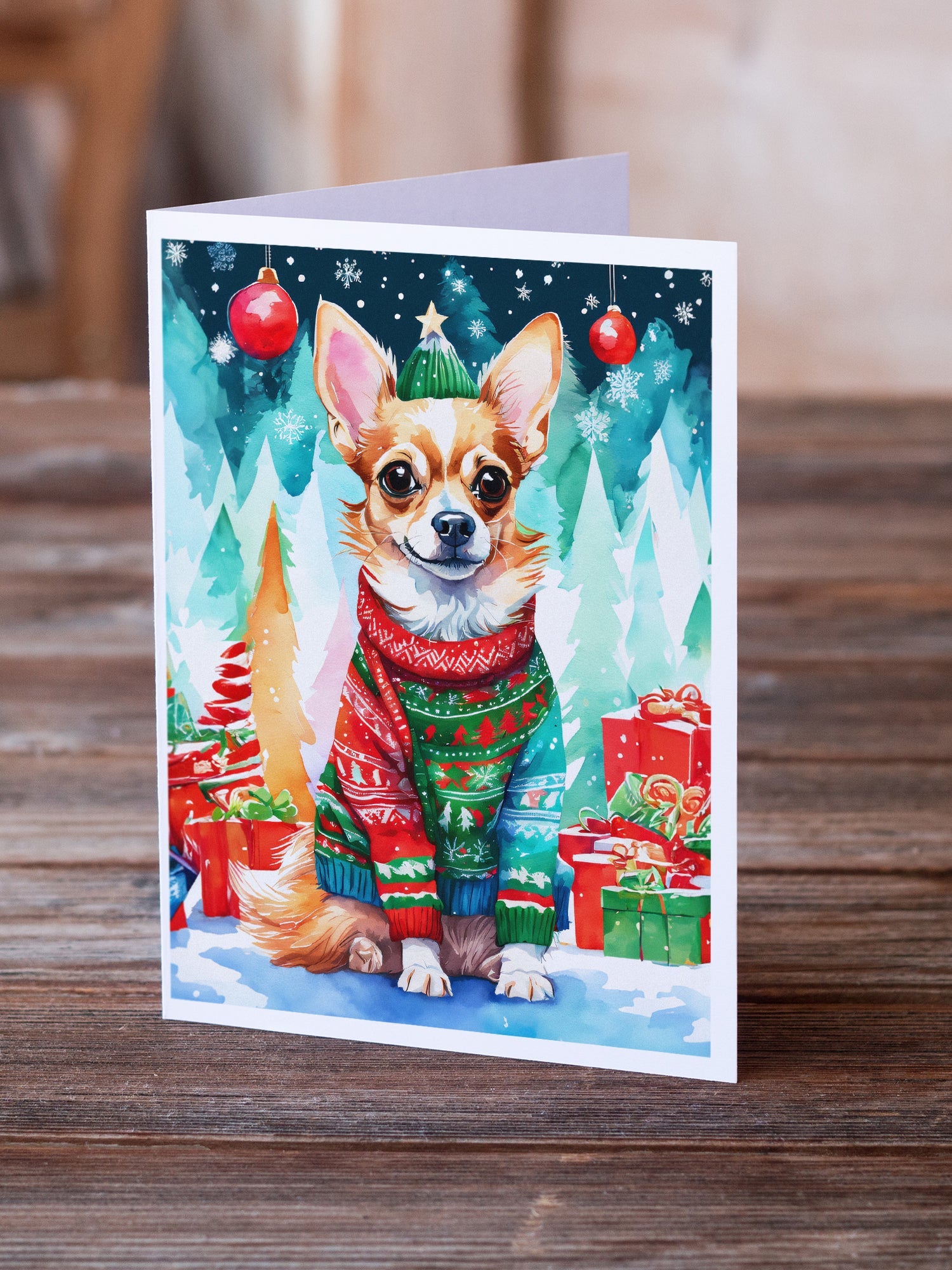 Chihuahua Christmas Greeting Cards Pack of 8 Blank Cards with Envelopes Whimsical A7 Size 5x7