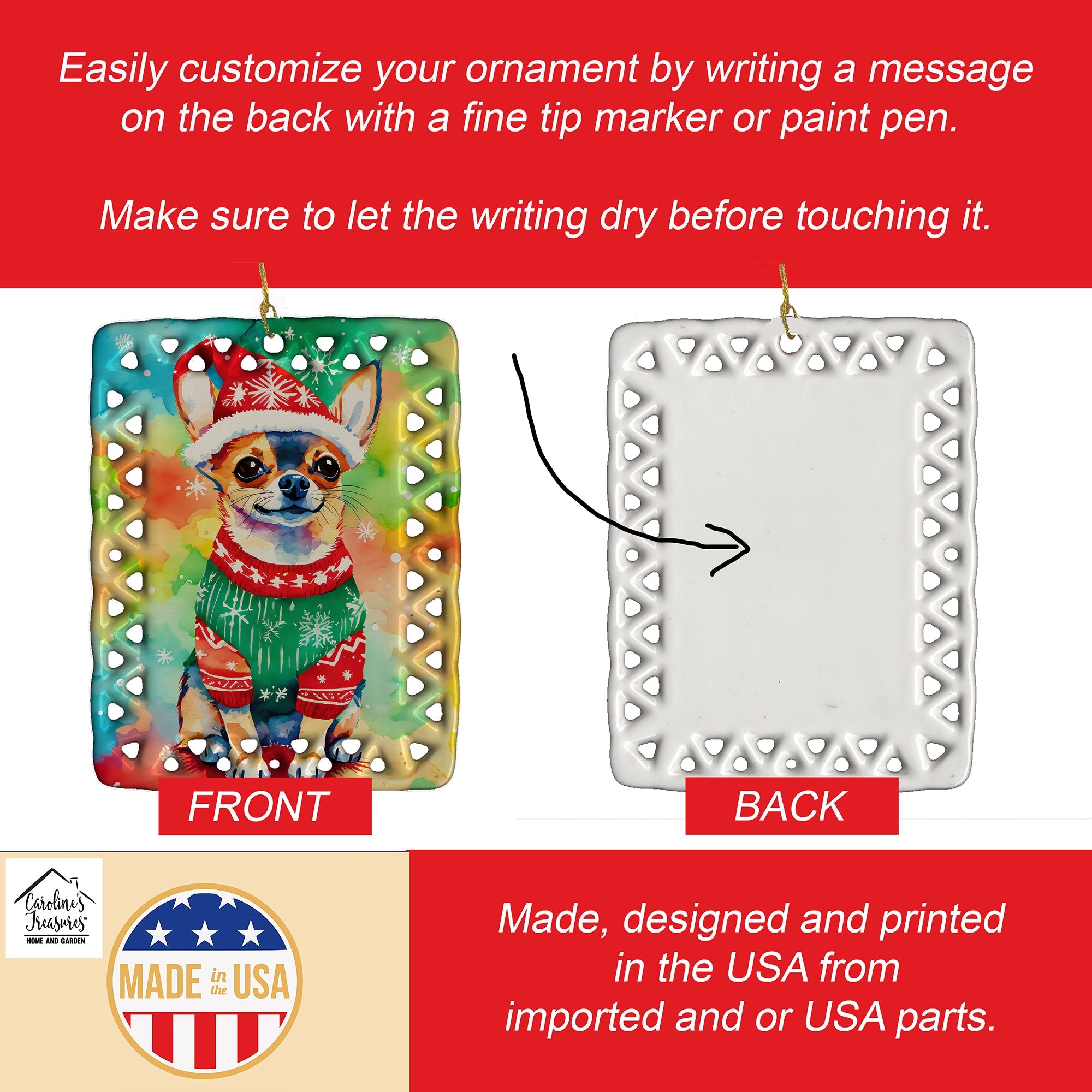 Chihuahua Christmas Porcelain Ornament Christmas Tree Hanging Decorations for Home Christmas Holiday, Rectangle, Gift, Multicolor