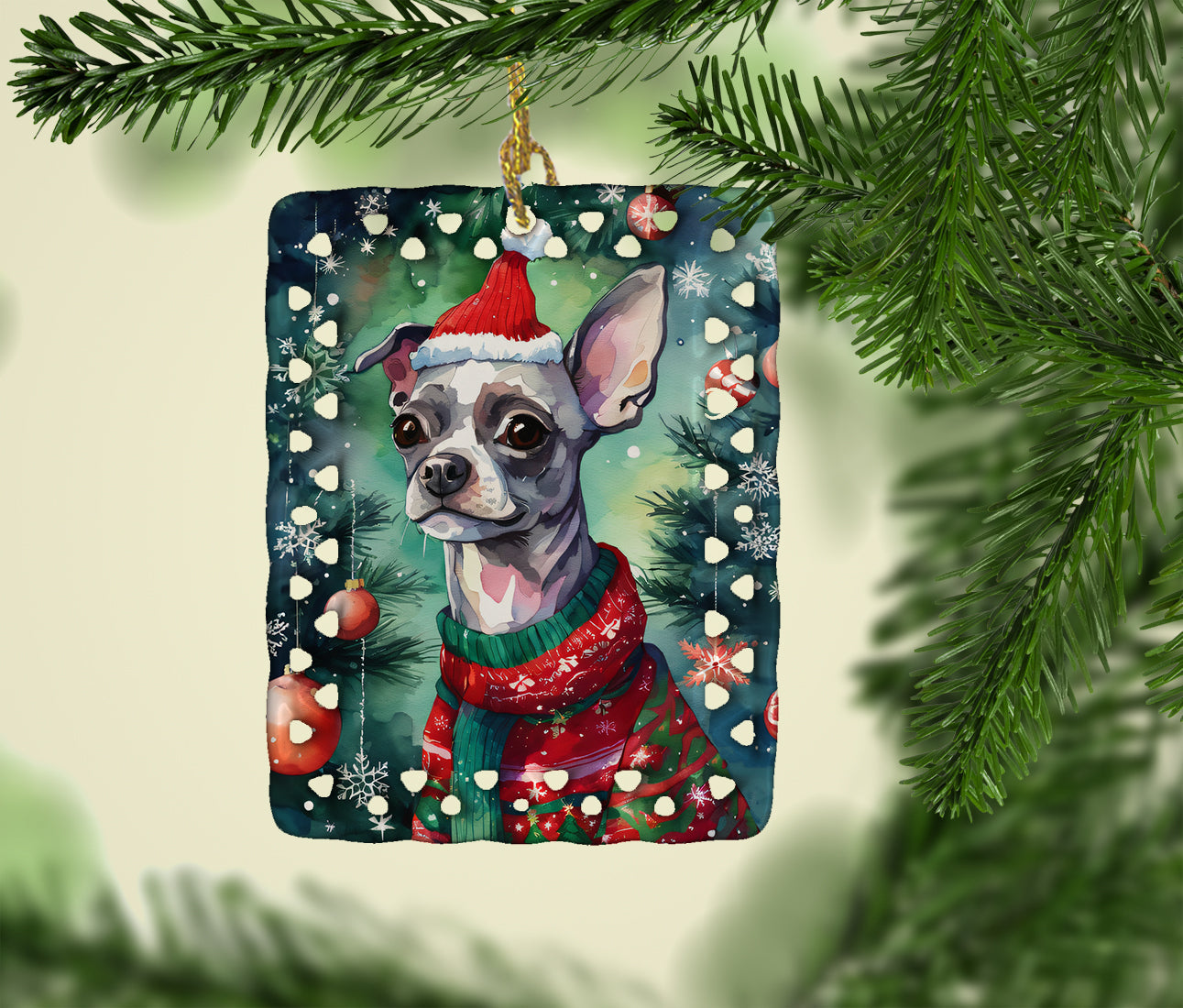 Chinese Crested Christmas Porcelain Ornament Christmas Tree Hanging Decorations for Home Christmas Holiday, Rectangle, Gift, Multicolor