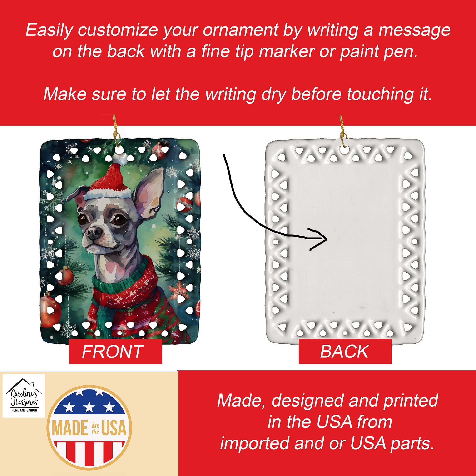 Chinese Crested Christmas Porcelain Ornament Christmas Tree Hanging Decorations for Home Christmas Holiday, Rectangle, Gift, Multicolor