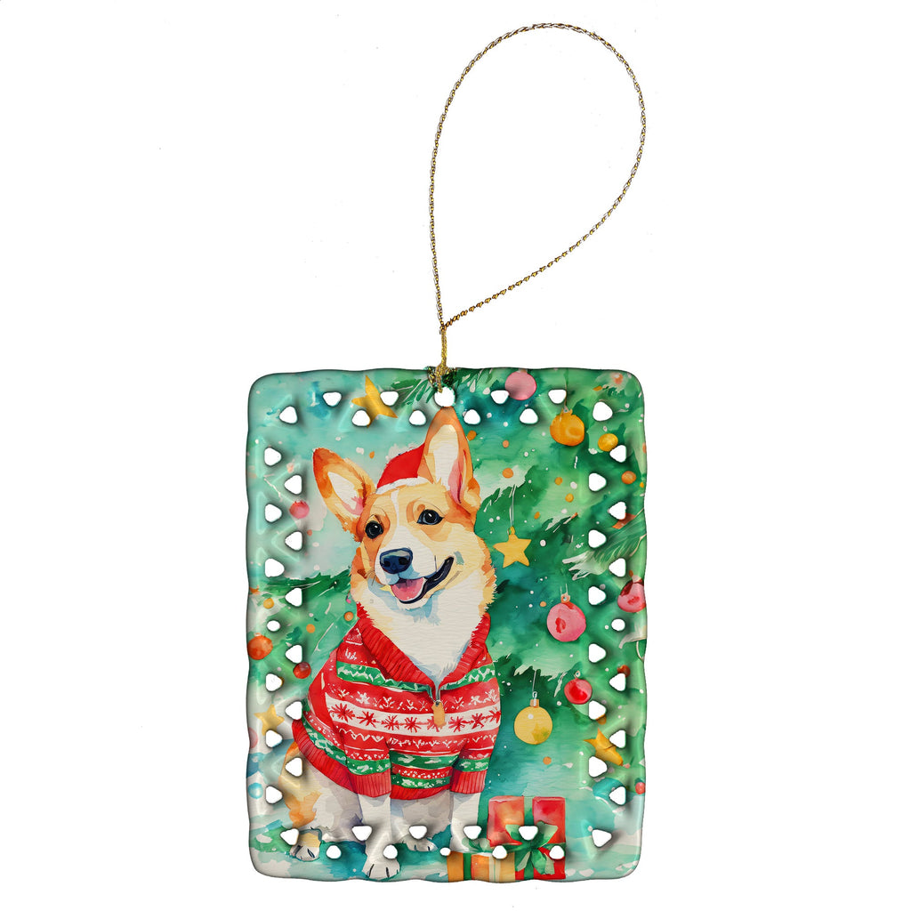 Corgi Christmas Porcelain Ornament Christmas Tree Hanging Decorations for Home Christmas Holiday, Rectangle, Gift, Multicolor