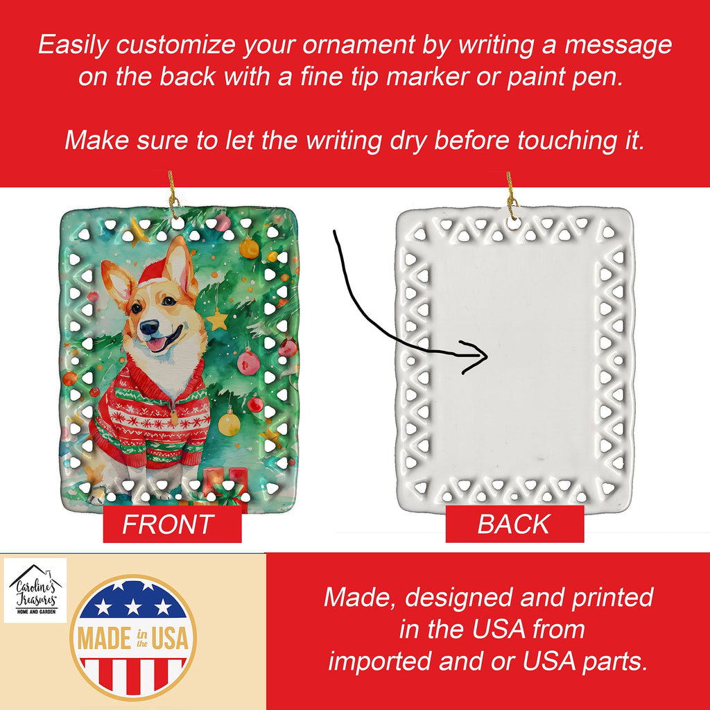 Corgi Christmas Porcelain Ornament Christmas Tree Hanging Decorations for Home Christmas Holiday, Rectangle, Gift, Multicolor
