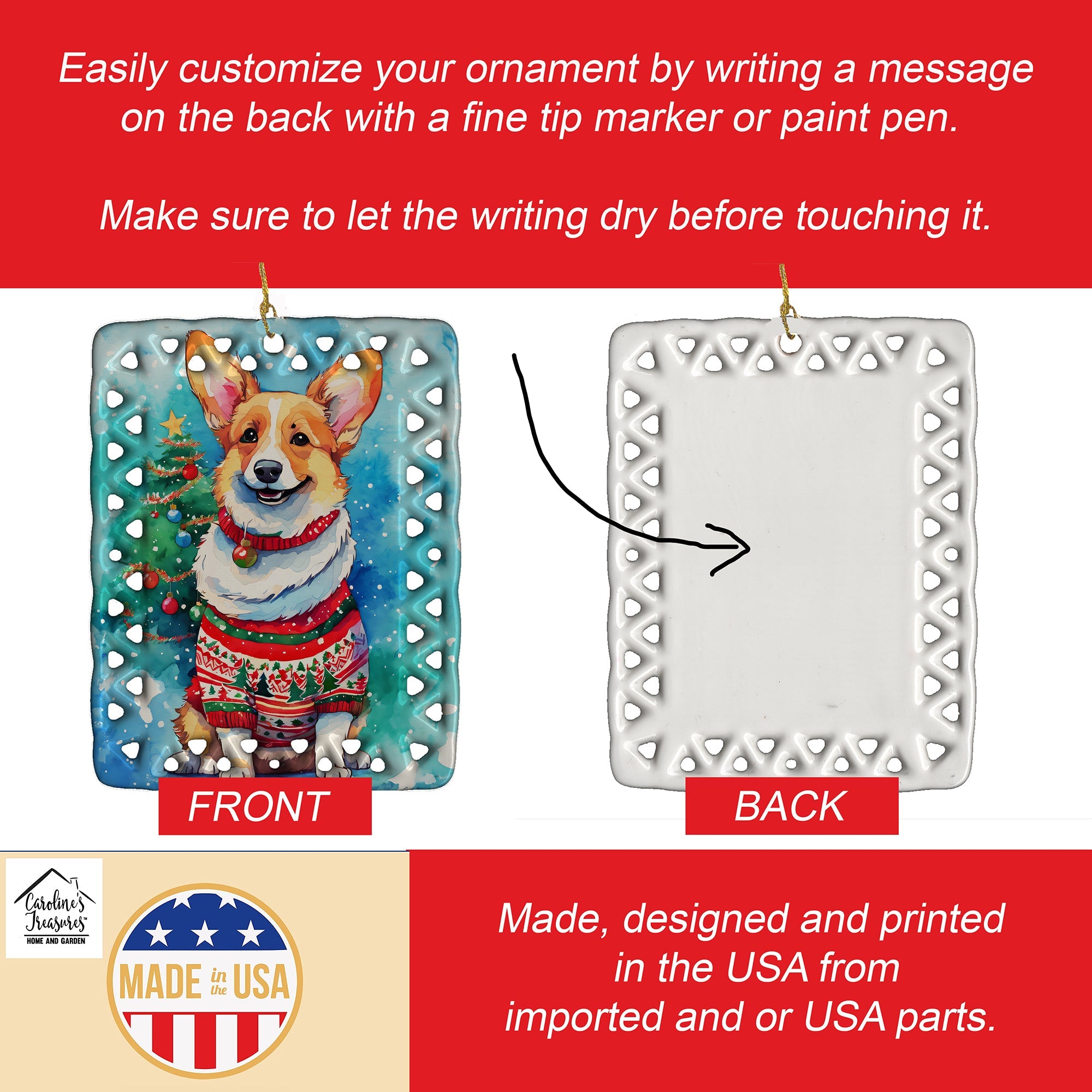 Corgi Christmas Porcelain Ornament Christmas Tree Hanging Decorations for Home Christmas Holiday, Rectangle, Gift, Multicolor