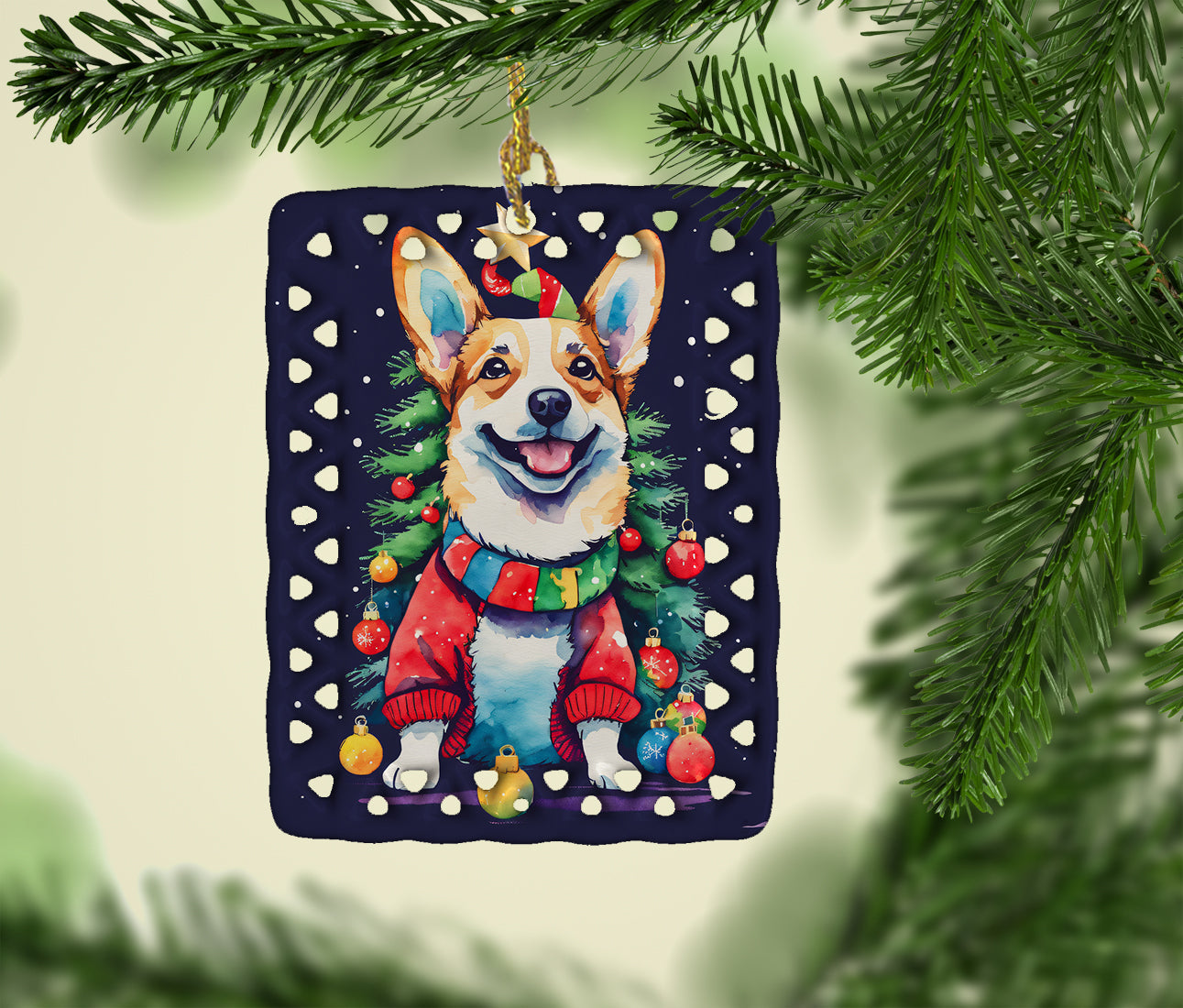 Corgi Christmas Porcelain Ornament Christmas Tree Hanging Decorations for Home Christmas Holiday, Rectangle, Gift, Multicolor