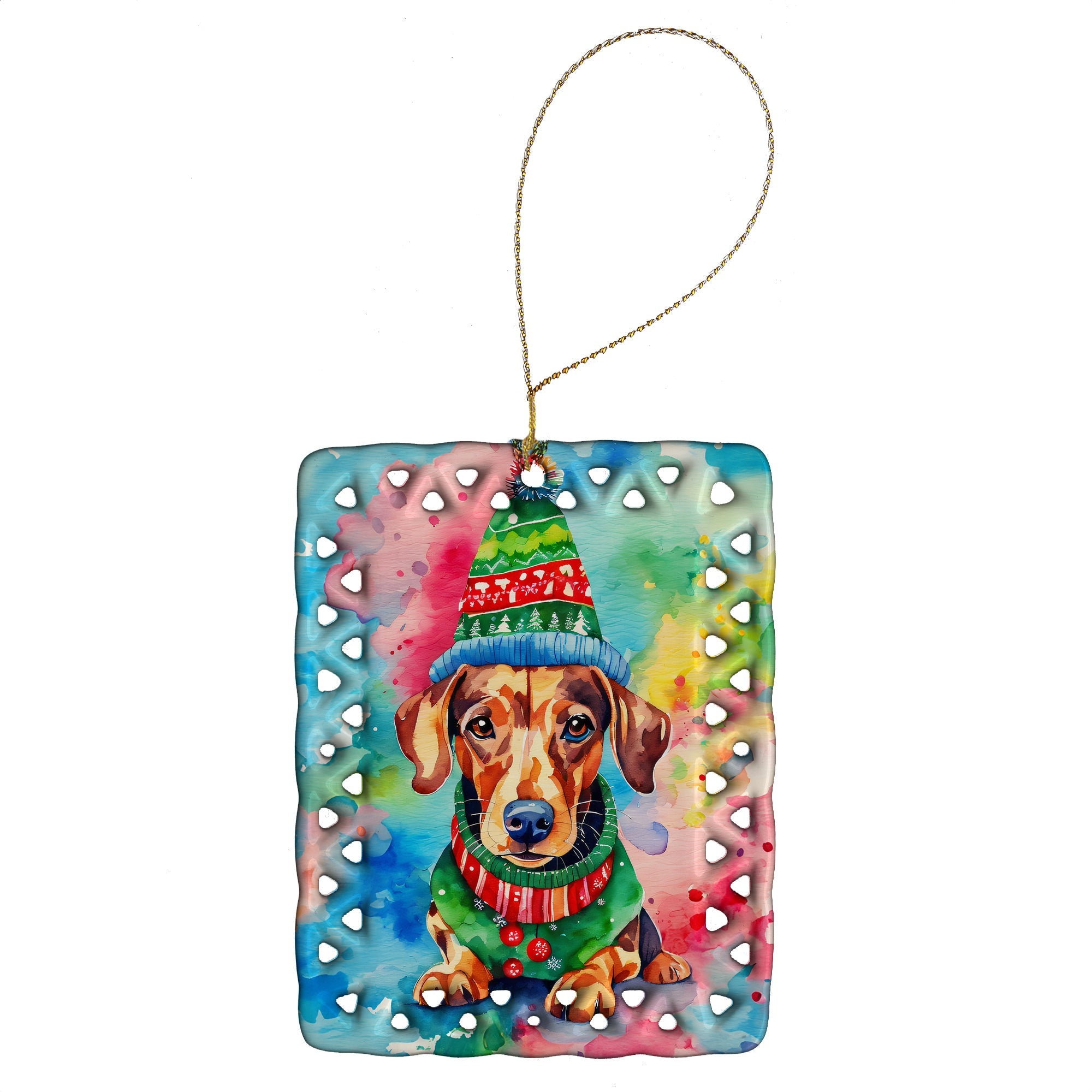 Dachshund Christmas Porcelain Ornament Christmas Tree Hanging Decorations for Home Christmas Holiday, Rectangle, Gift, Multicolor