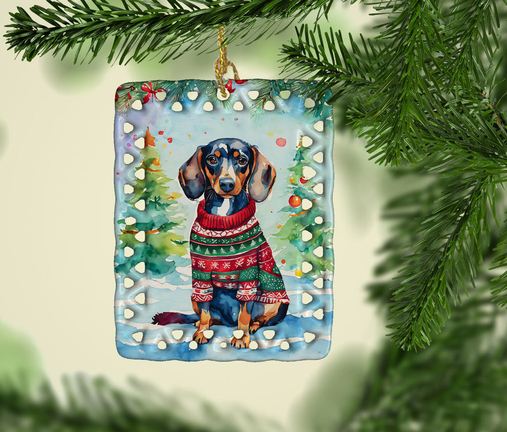 Dachshund Christmas Porcelain Ornament Christmas Tree Hanging Decorations for Home Christmas Holiday, Rectangle, Gift, Multicolor