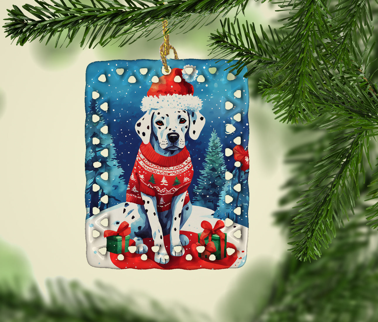 Dalmatian Christmas Porcelain Ornament Christmas Tree Hanging Decorations for Home Christmas Holiday, Rectangle, Gift, Multicolor