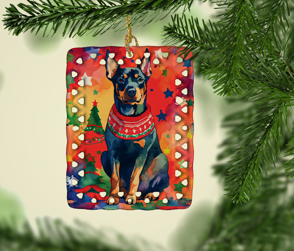 Doberman Pinscher Christmas Porcelain Ornament Christmas Tree Hanging Decorations for Home Christmas Holiday, Rectangle, Gift, Multicolor