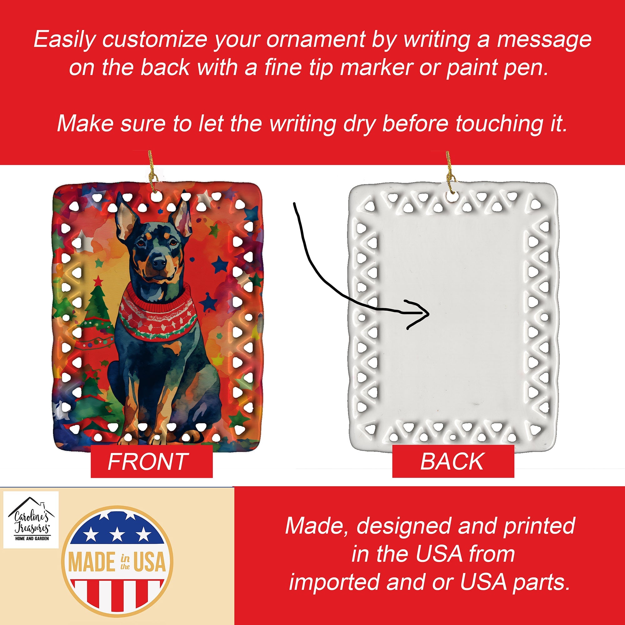 Doberman Pinscher Christmas Porcelain Ornament Christmas Tree Hanging Decorations for Home Christmas Holiday, Rectangle, Gift, Multicolor
