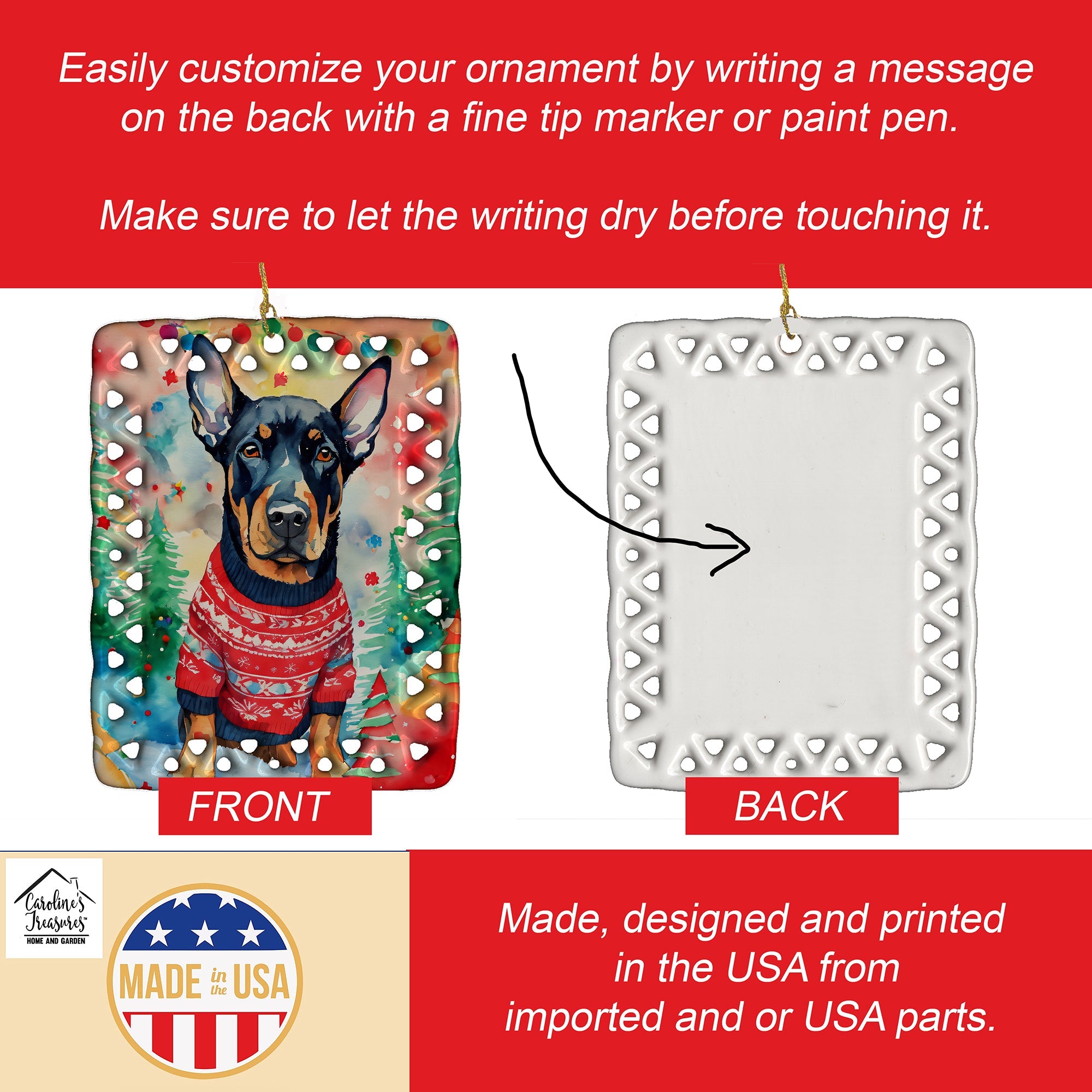 Doberman Pinscher Christmas Porcelain Ornament Christmas Tree Hanging Decorations for Home Christmas Holiday, Rectangle, Gift, Multicolor