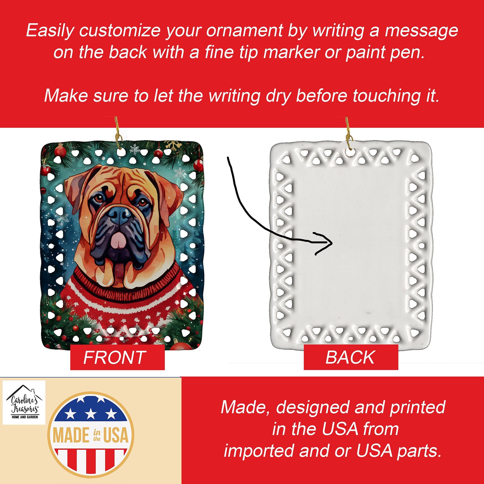 Dogue de Bordeaux Christmas Porcelain Ornament Christmas Tree Hanging Decorations for Home Christmas Holiday, Rectangle, Gift, Multicolor