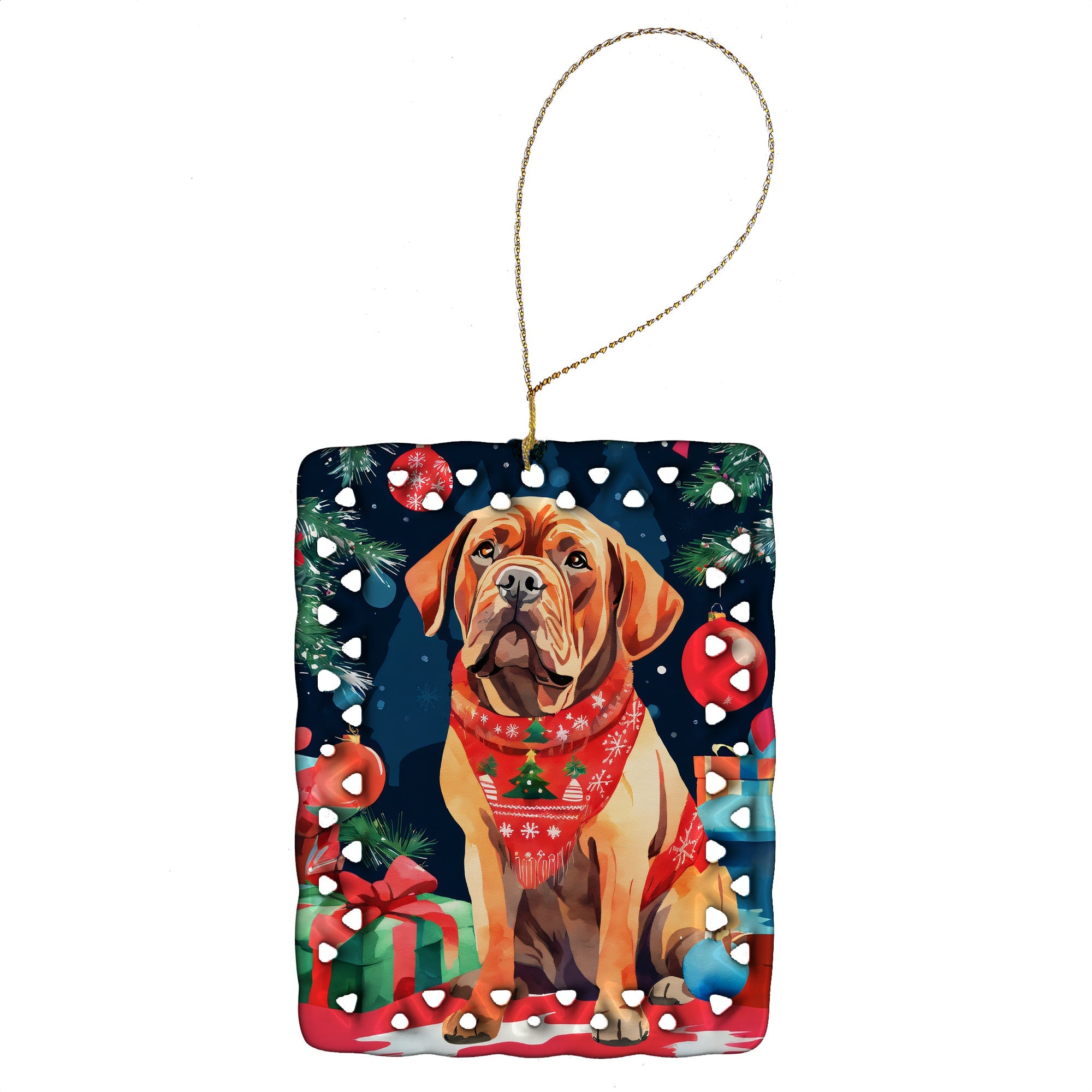 Dogue de Bordeaux Christmas Porcelain Ornament Christmas Tree Hanging Decorations for Home Christmas Holiday, Rectangle, Gift, Multicolor