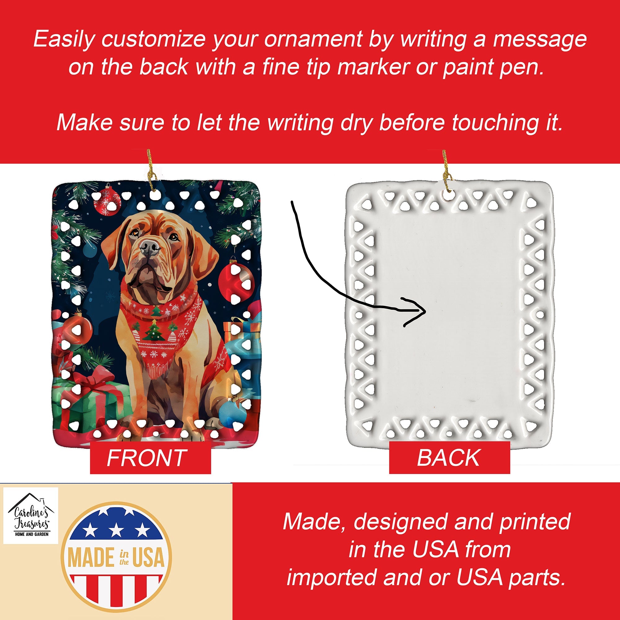 Dogue de Bordeaux Christmas Porcelain Ornament Christmas Tree Hanging Decorations for Home Christmas Holiday, Rectangle, Gift, Multicolor
