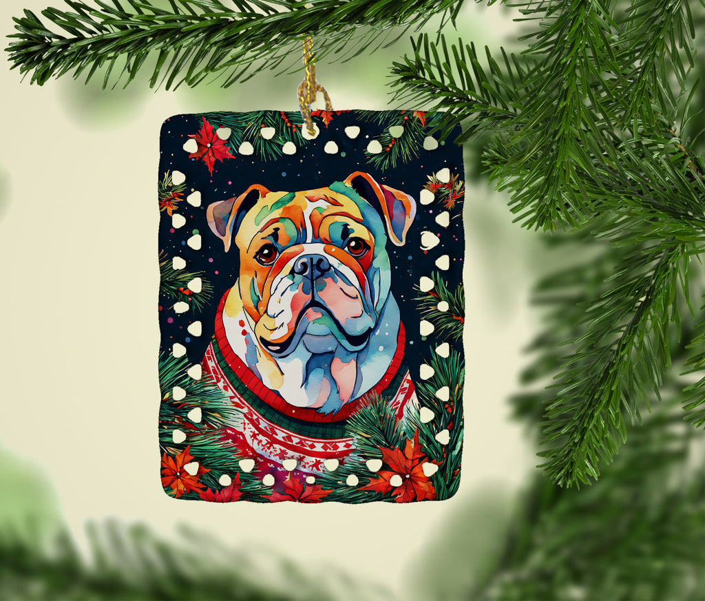 English Bulldog Christmas Porcelain Ornament Christmas Tree Hanging Decorations for Home Christmas Holiday, Rectangle, Gift, Multicolor