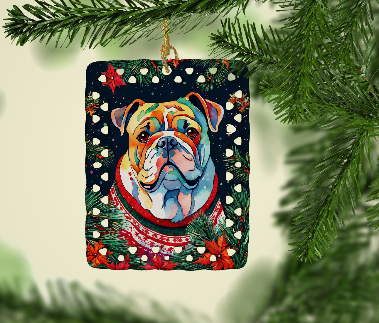 English Bulldog Christmas Porcelain Ornament Christmas Tree Hanging Decorations for Home Christmas Holiday, Rectangle, Gift, Multicolor