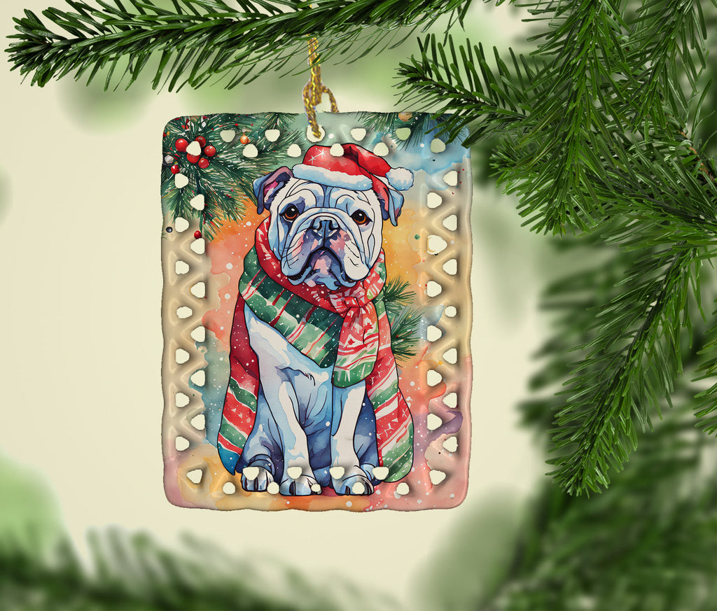 English Bulldog Christmas Porcelain Ornament Christmas Tree Hanging Decorations for Home Christmas Holiday, Rectangle, Gift, Multicolor