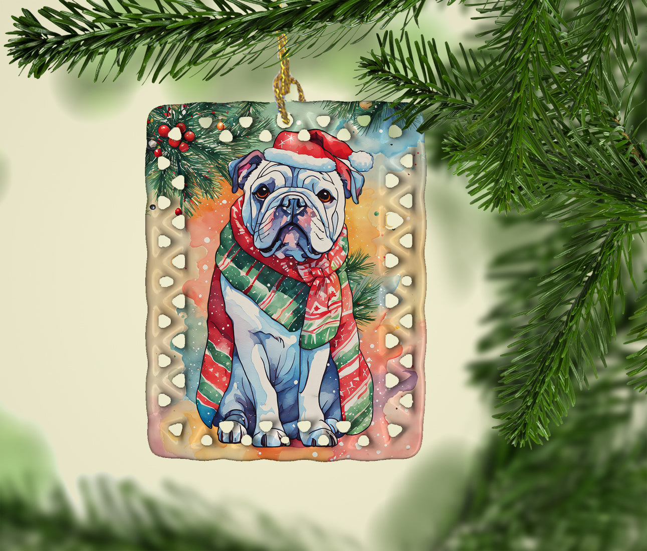 English Bulldog Christmas Porcelain Ornament Christmas Tree Hanging Decorations for Home Christmas Holiday, Rectangle, Gift, Multicolor