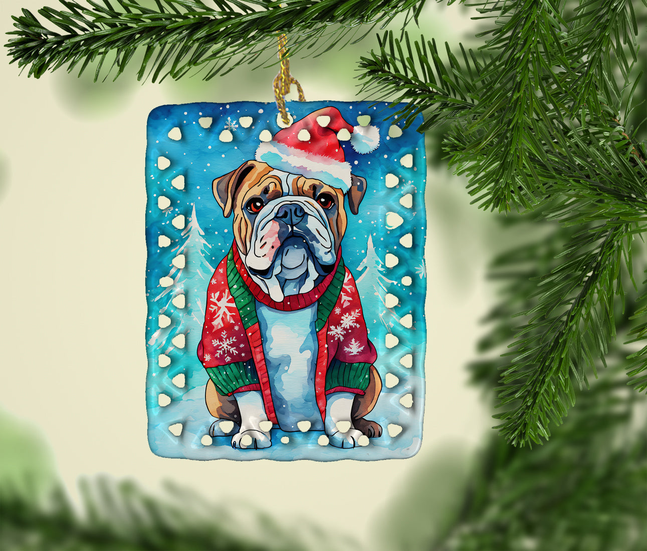English Bulldog Christmas Porcelain Ornament Christmas Tree Hanging Decorations for Home Christmas Holiday, Rectangle, Gift, Multicolor