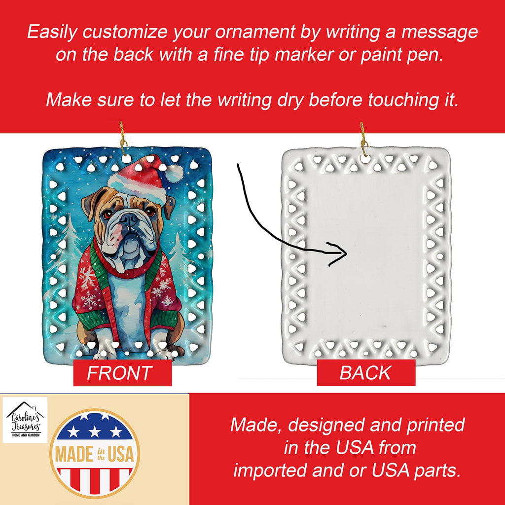 English Bulldog Christmas Porcelain Ornament Christmas Tree Hanging Decorations for Home Christmas Holiday, Rectangle, Gift, Multicolor