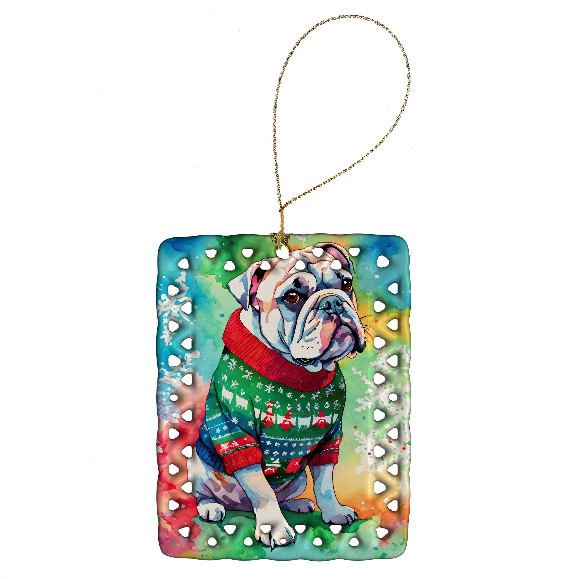 English Bulldog Christmas Porcelain Ornament Christmas Tree Hanging Decorations for Home Christmas Holiday, Rectangle, Gift, Multicolor