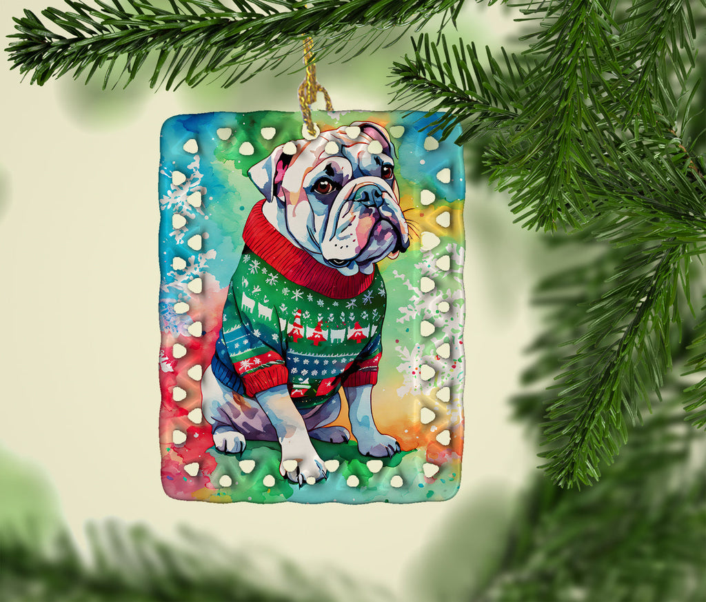 English Bulldog Christmas Porcelain Ornament Christmas Tree Hanging Decorations for Home Christmas Holiday, Rectangle, Gift, Multicolor