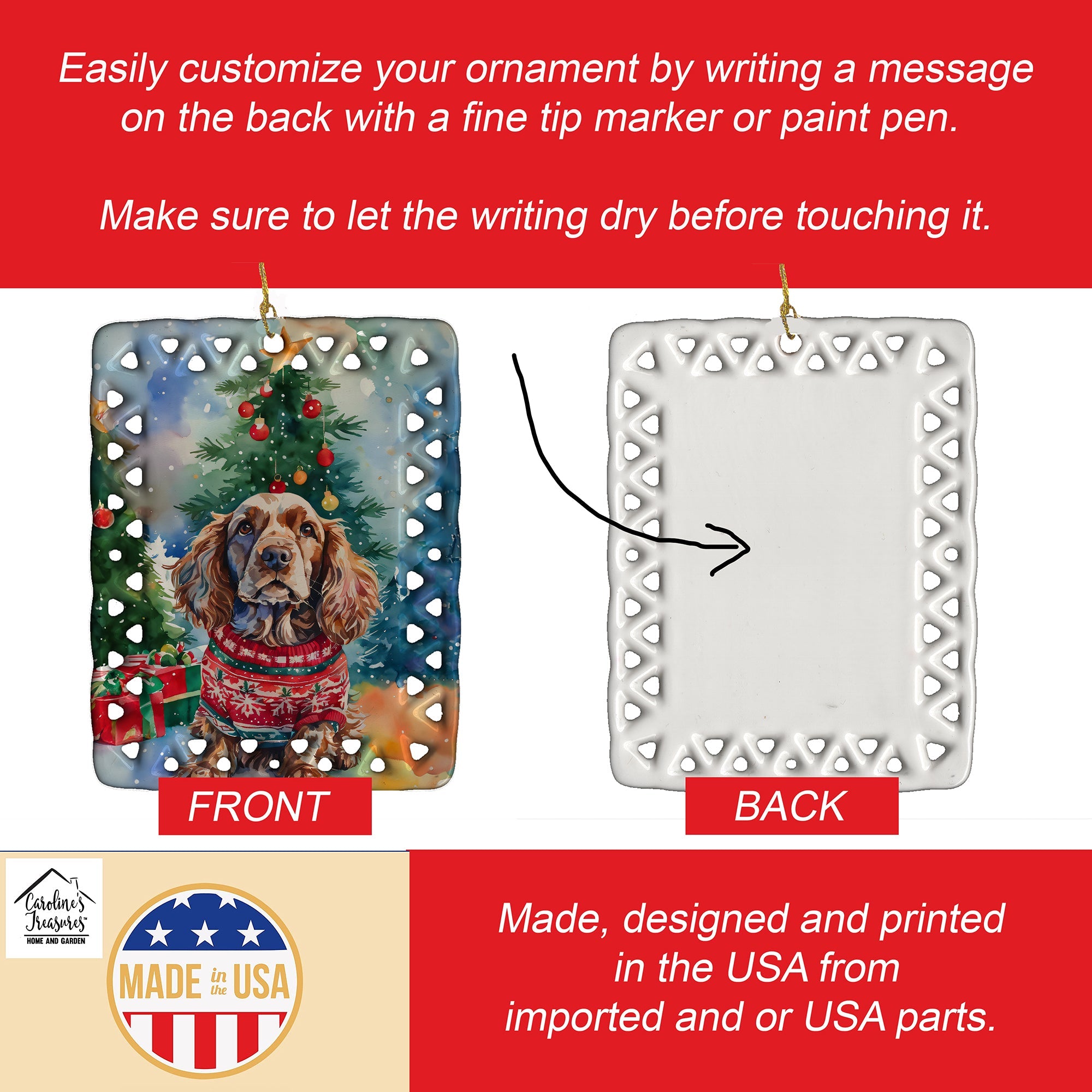English Cocker Spaniel Christmas Porcelain Ornament Christmas Tree Hanging Decorations for Home Christmas Holiday, Rectangle, Gift, Multicolor