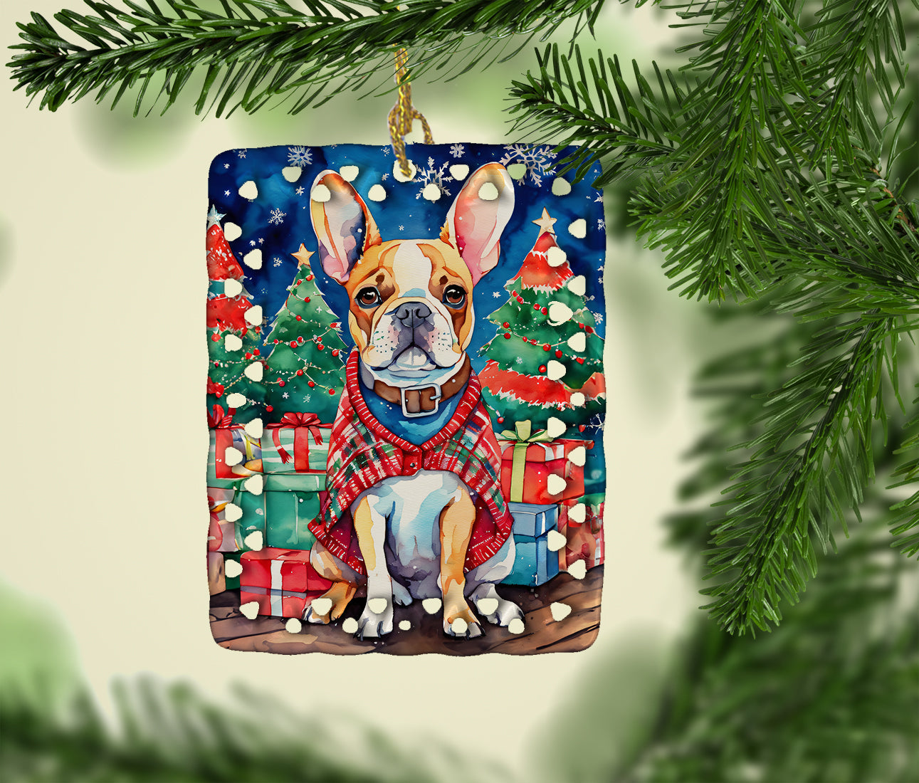 French Bulldog Christmas Porcelain Ornament Christmas Tree Hanging Decorations for Home Christmas Holiday, Rectangle, Gift, Multicolor