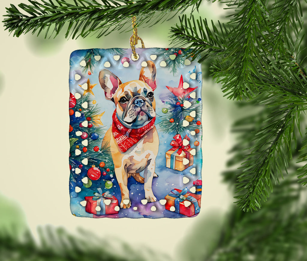 French Bulldog Christmas Porcelain Ornament Christmas Tree Hanging Decorations for Home Christmas Holiday, Rectangle, Gift, Multicolor