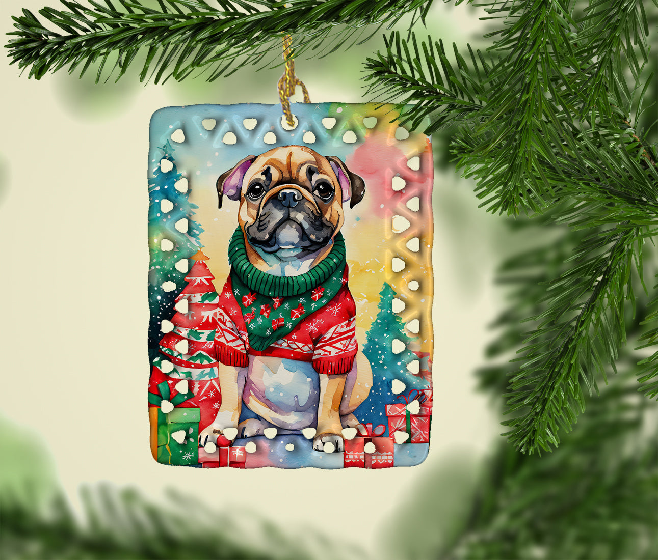 French Bulldog Christmas Porcelain Ornament Christmas Tree Hanging Decorations for Home Christmas Holiday, Rectangle, Gift, Multicolor