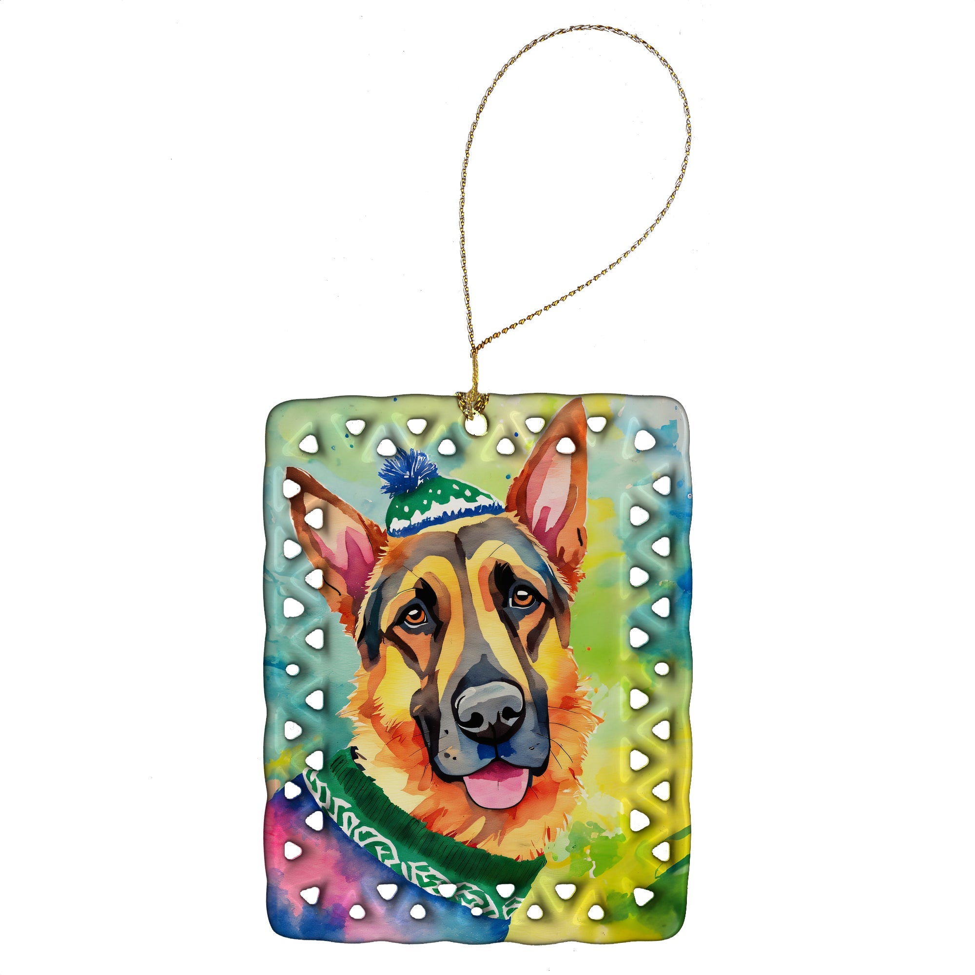 German Shepherd Christmas Porcelain Ornament Christmas Tree Hanging Decorations for Home Christmas Holiday, Rectangle, Gift, Multicolor