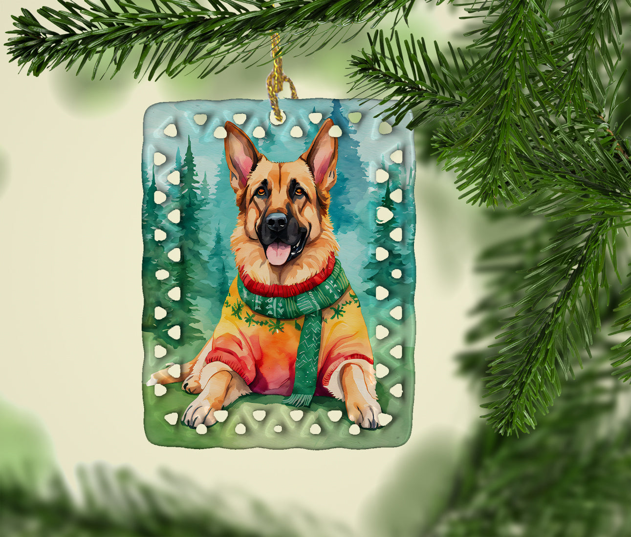 German Shepherd Christmas Porcelain Ornament Christmas Tree Hanging Decorations for Home Christmas Holiday, Rectangle, Gift, Multicolor