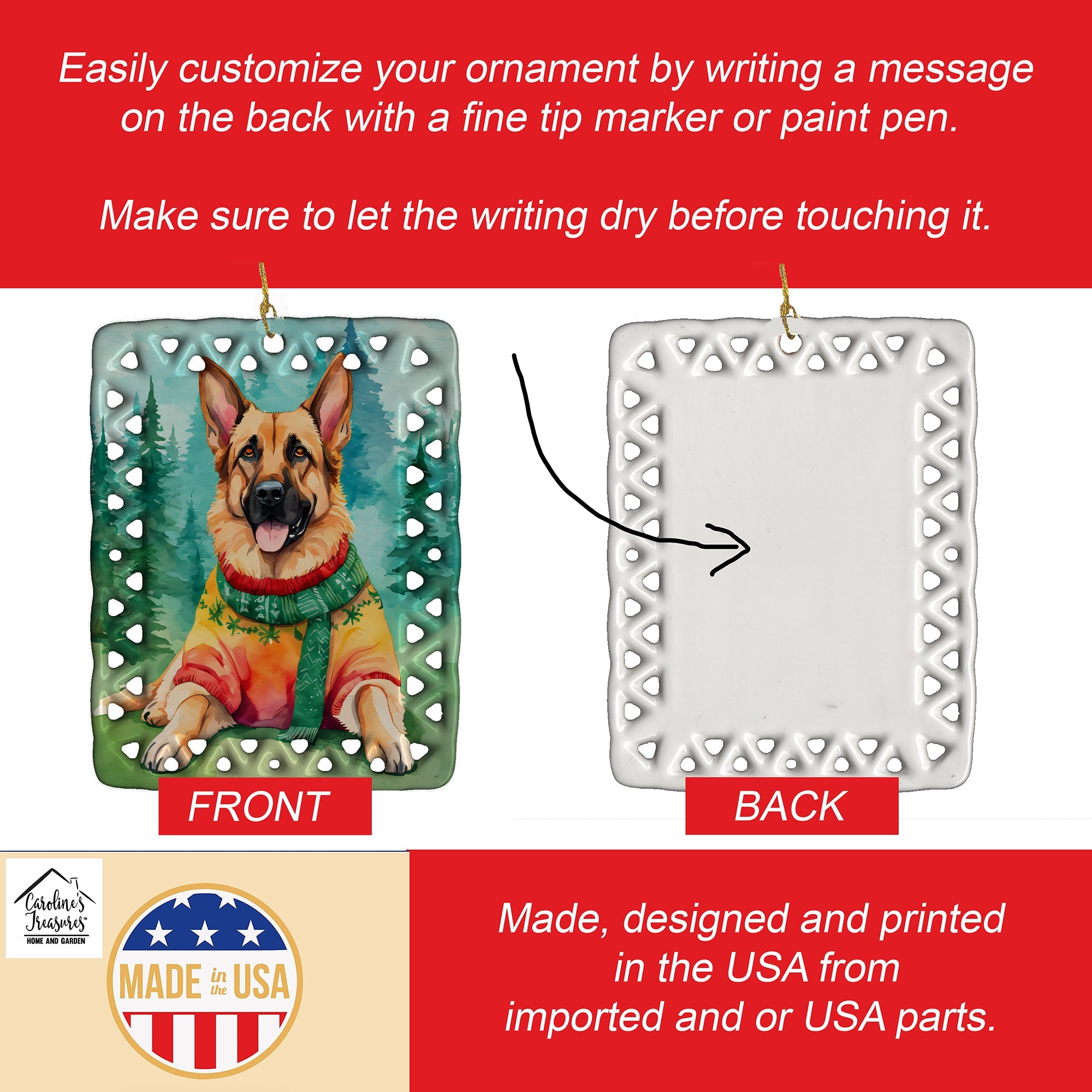 German Shepherd Christmas Porcelain Ornament Christmas Tree Hanging Decorations for Home Christmas Holiday, Rectangle, Gift, Multicolor