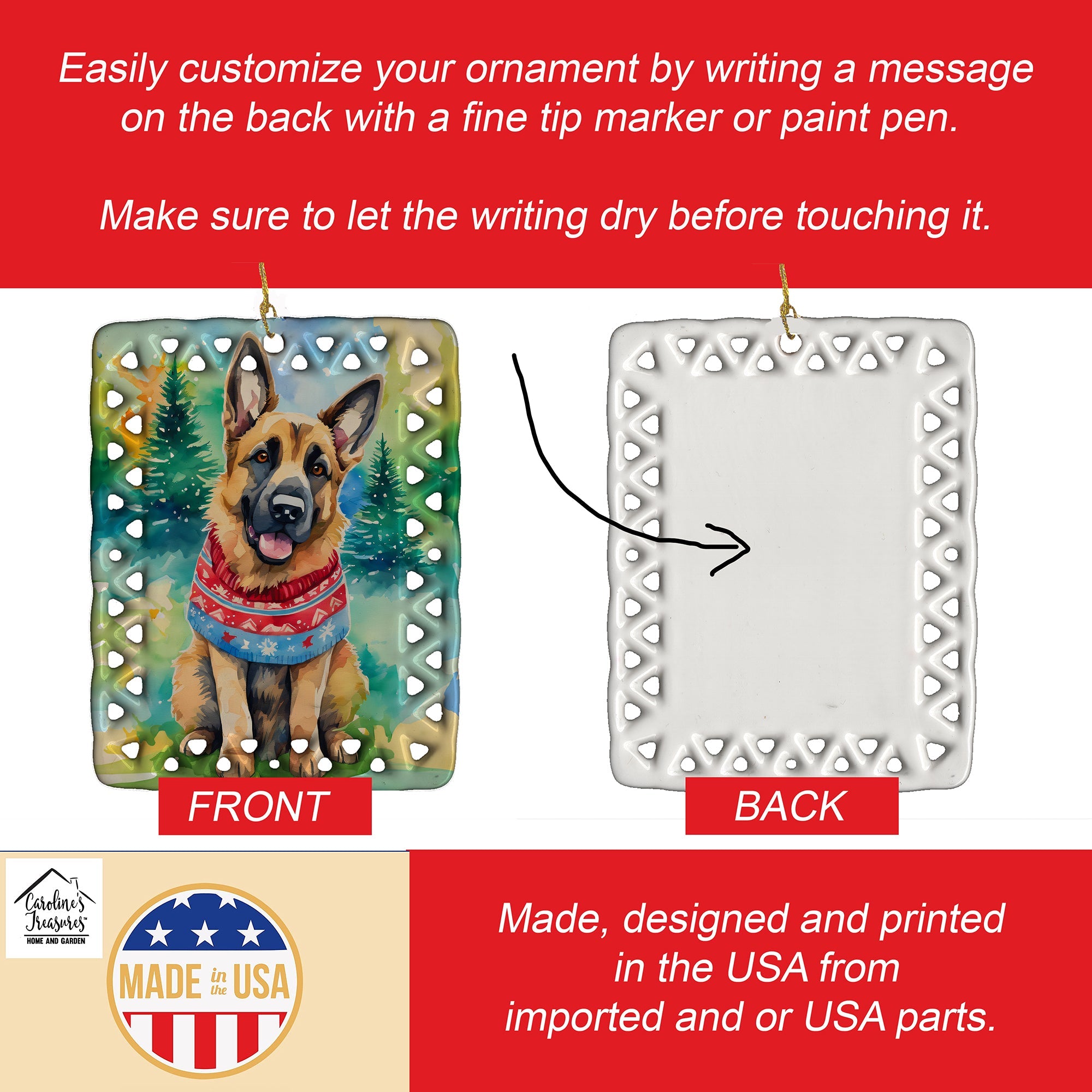 German Shepherd Christmas Porcelain Ornament Christmas Tree Hanging Decorations for Home Christmas Holiday, Rectangle, Gift, Multicolor