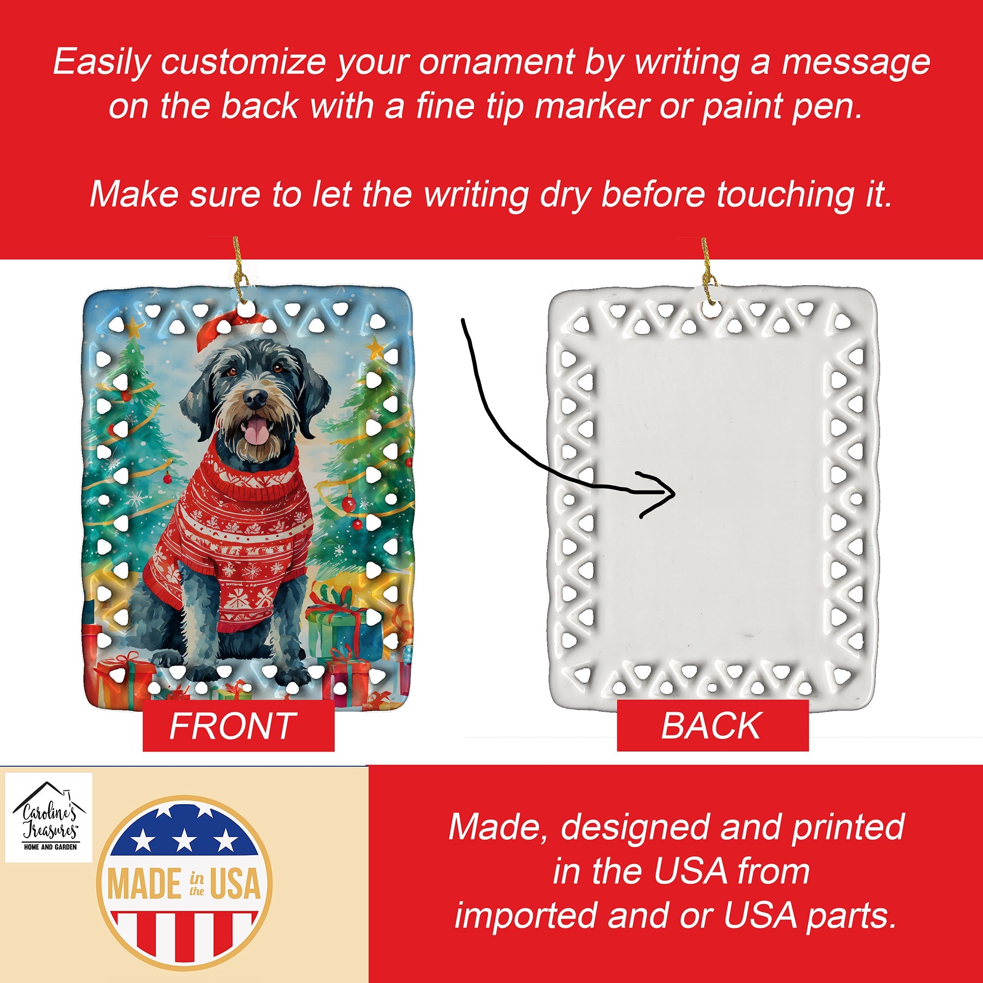 German Wirehaired Pointer Christmas Porcelain Ornament Christmas Tree Hanging Decorations for Home Christmas Holiday, Rectangle, Gift, Multicolor