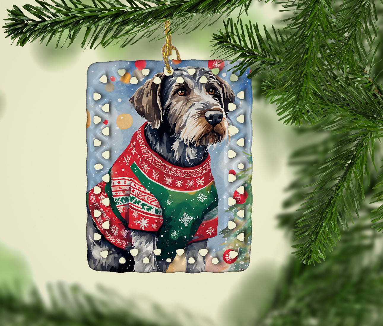 German Wirehaired Pointer Christmas Porcelain Ornament Christmas Tree Hanging Decorations for Home Christmas Holiday, Rectangle, Gift, Multicolor