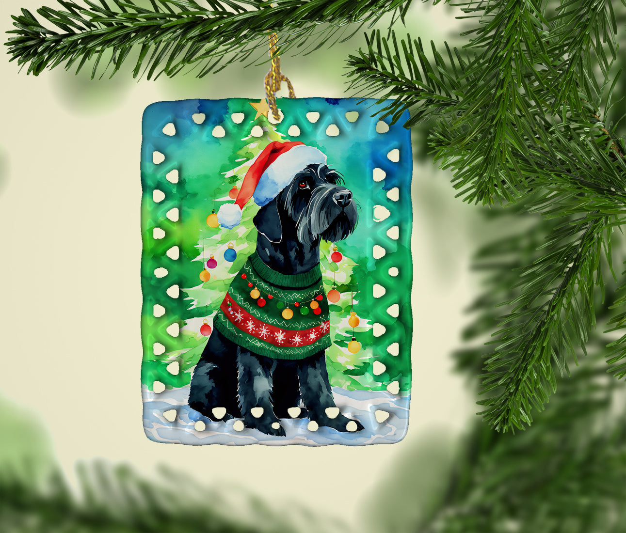 Giant Schnauzer Christmas Porcelain Ornament Christmas Tree Hanging Decorations for Home Christmas Holiday, Rectangle, Gift, Multicolor