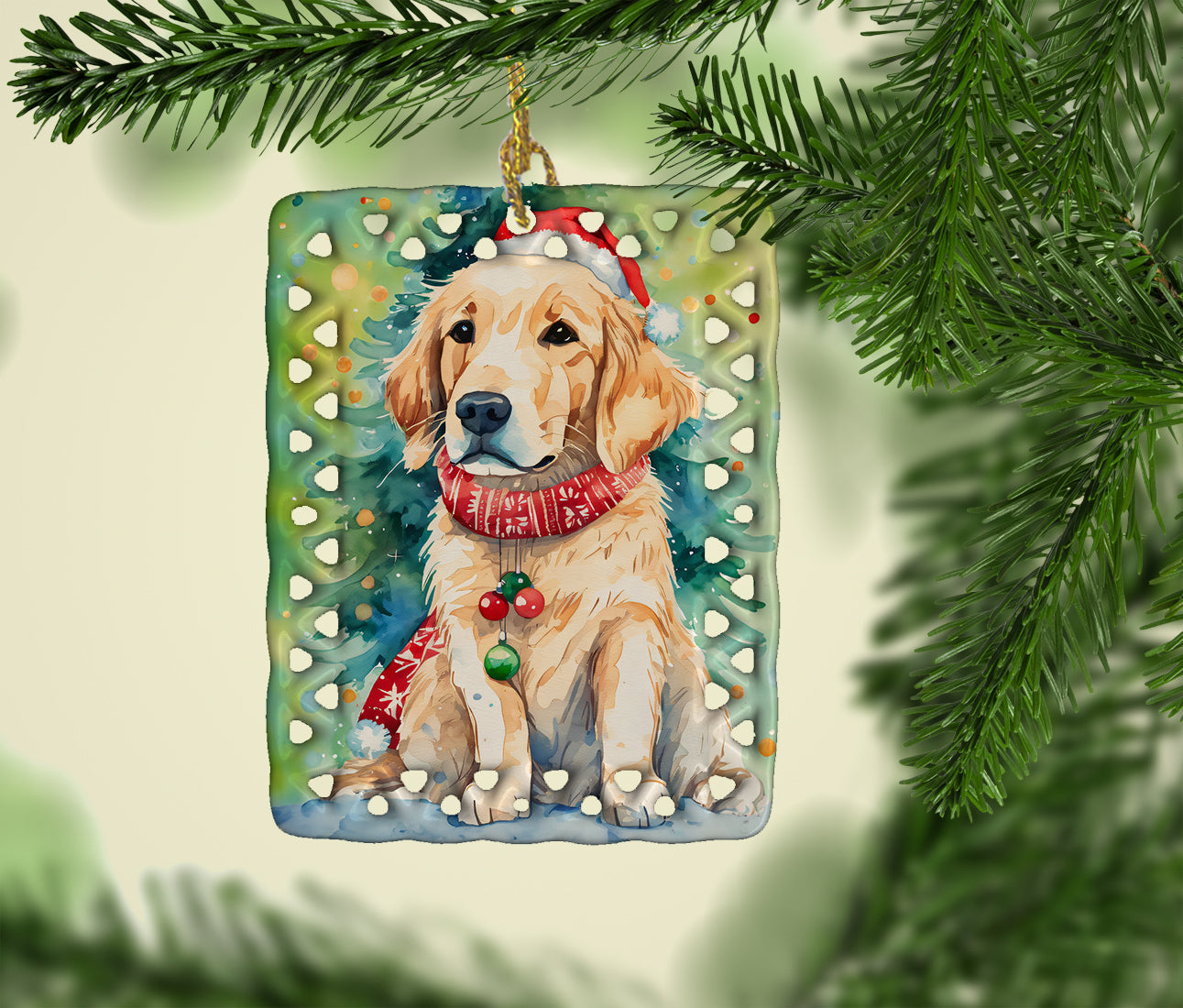 Golden Retriever Christmas Porcelain Ornament Christmas Tree Hanging Decorations for Home Christmas Holiday, Rectangle, Gift, Multicolor