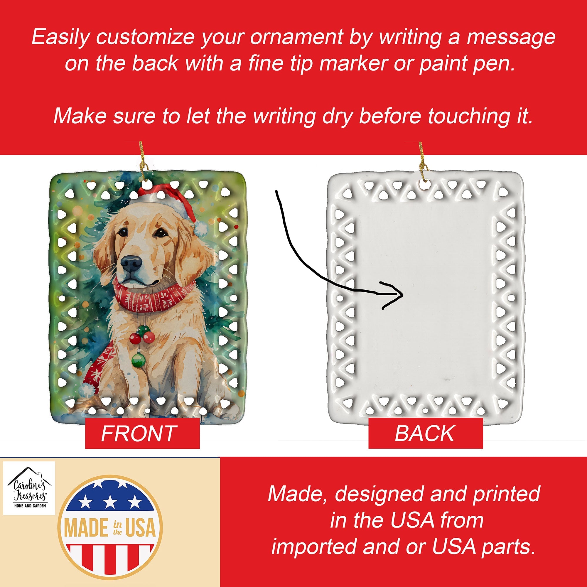 Golden Retriever Christmas Porcelain Ornament Christmas Tree Hanging Decorations for Home Christmas Holiday, Rectangle, Gift, Multicolor