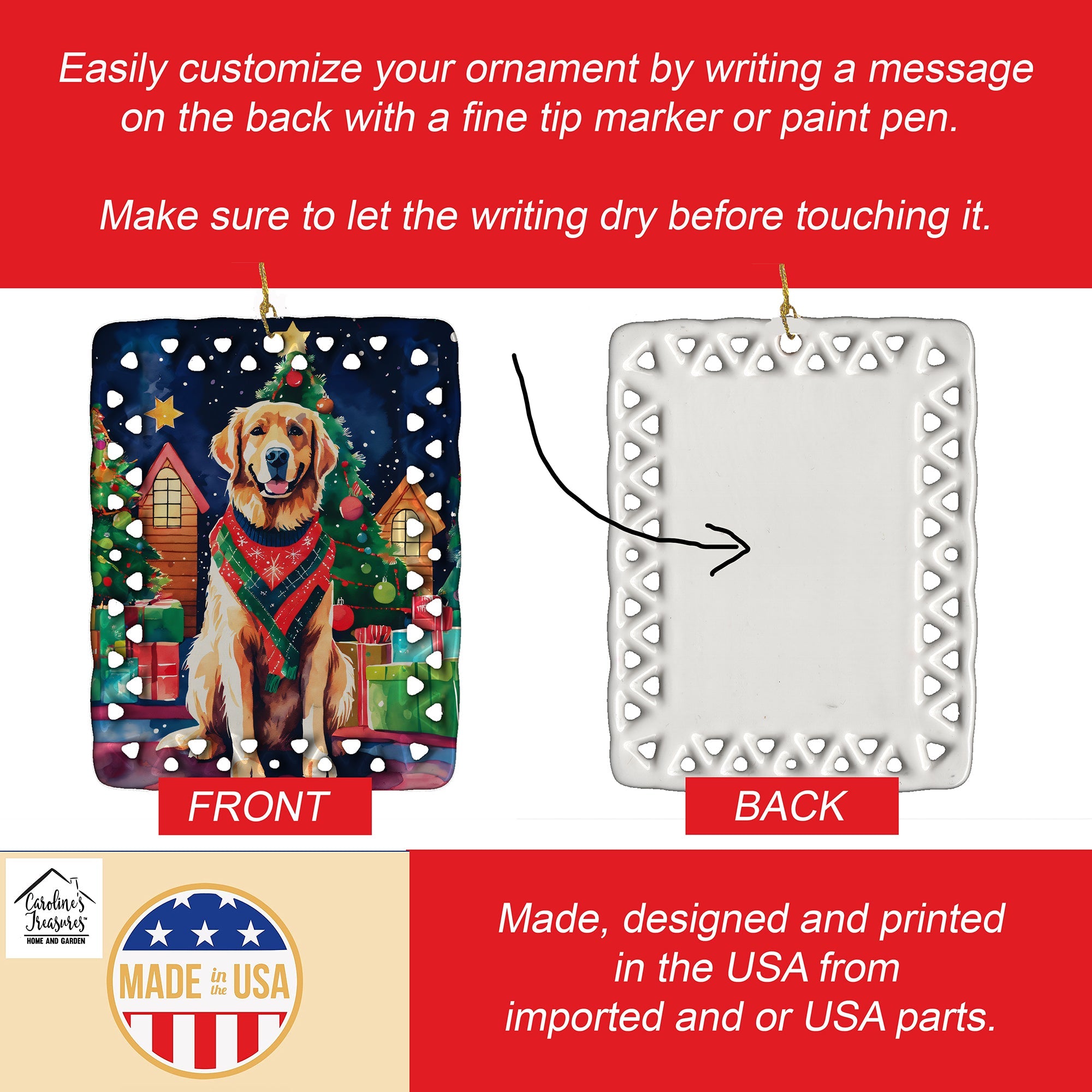 Golden Retriever Christmas Porcelain Ornament Christmas Tree Hanging Decorations for Home Christmas Holiday, Rectangle, Gift, Multicolor