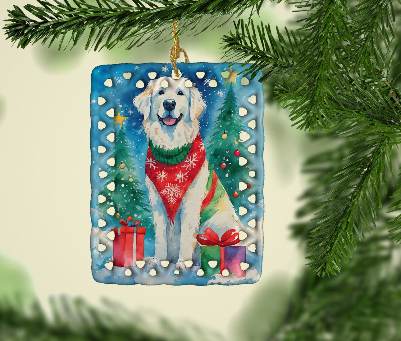 Great Pyrenees Christmas Porcelain Ornament Christmas Tree Hanging Decorations for Home Christmas Holiday, Rectangle, Gift, Multicolor