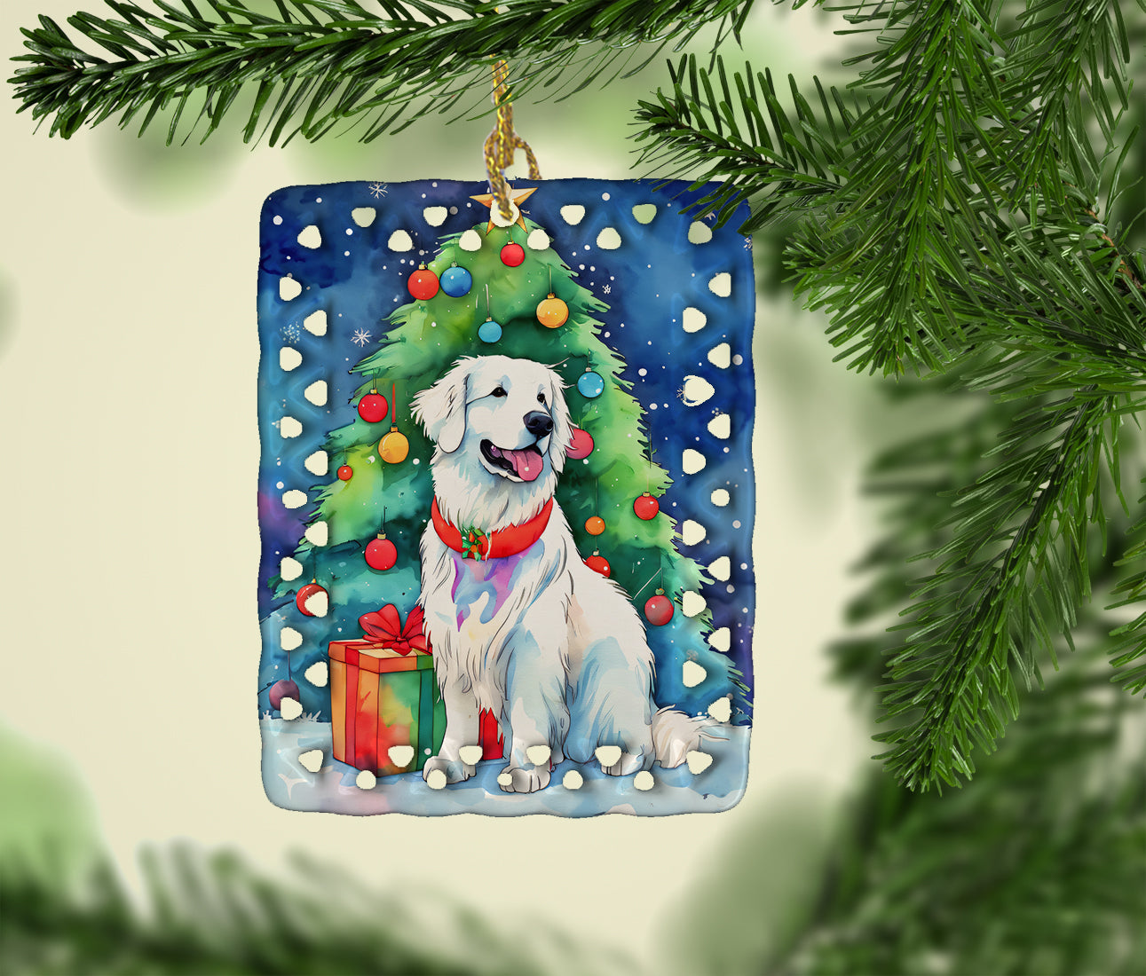 Great Pyrenees Christmas Porcelain Ornament Christmas Tree Hanging Decorations for Home Christmas Holiday, Rectangle, Gift, Multicolor