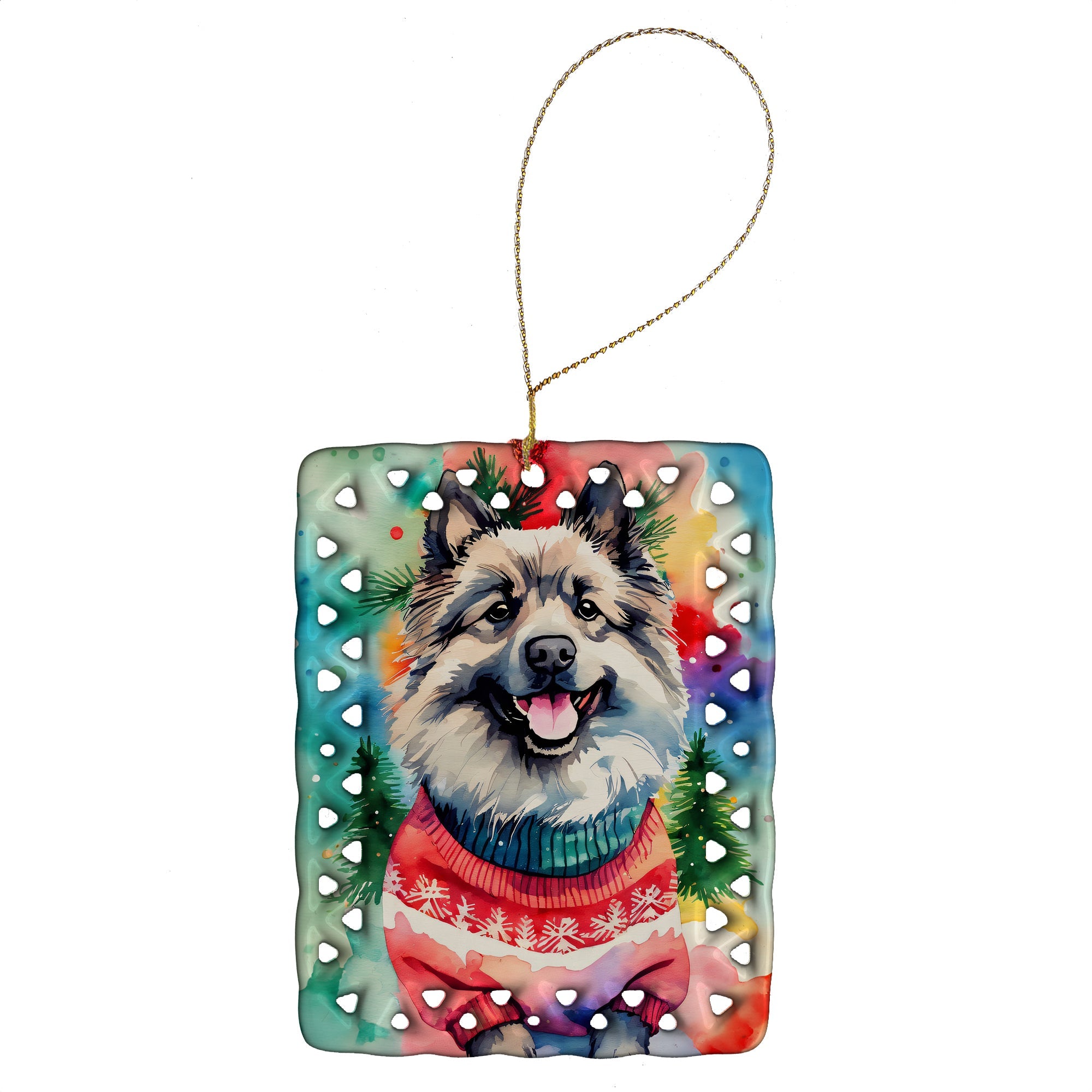 Keeshond Christmas Porcelain Ornament Christmas Tree Hanging Decorations for Home Christmas Holiday, Rectangle, Gift, Multicolor