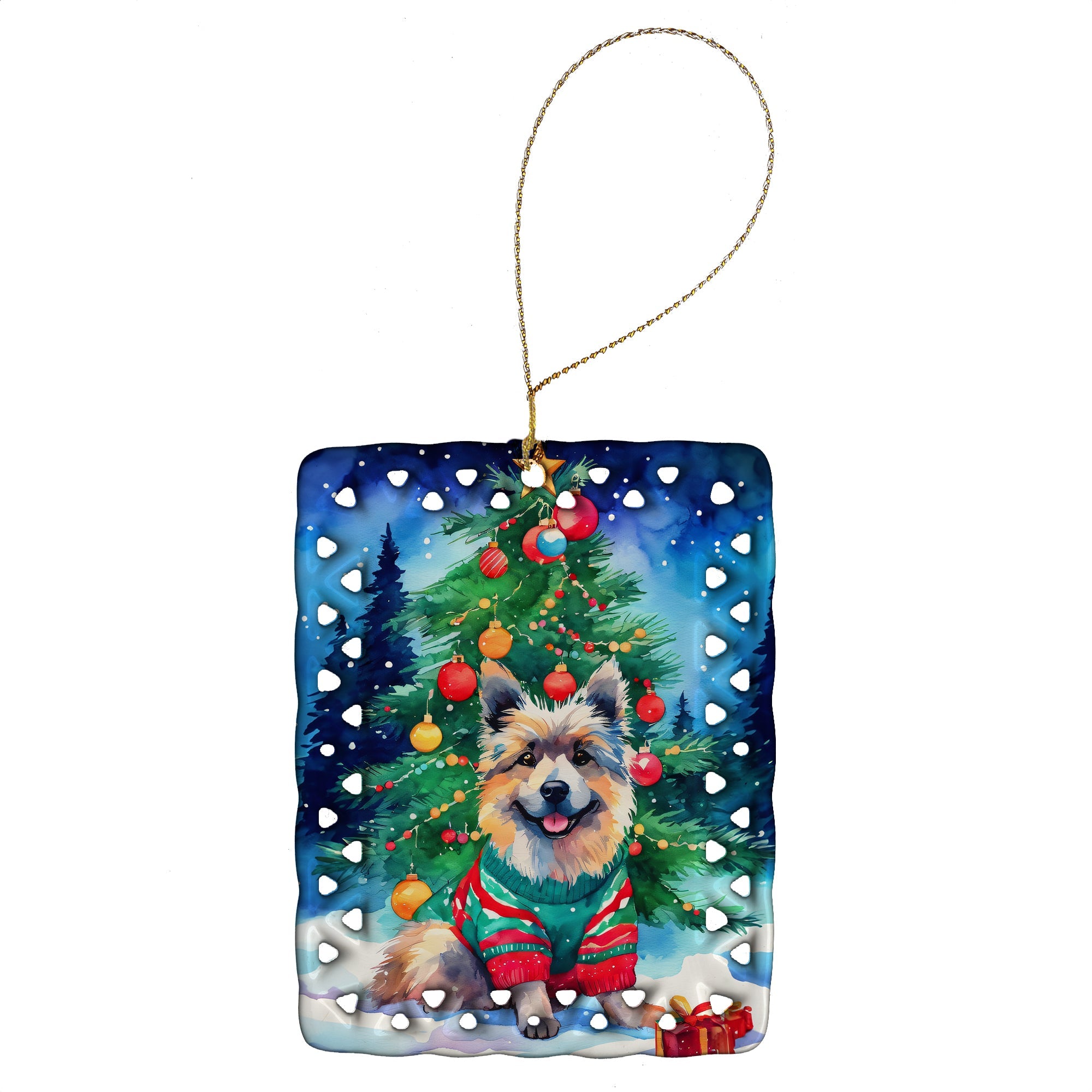 Keeshond Christmas Porcelain Ornament Christmas Tree Hanging Decorations for Home Christmas Holiday, Rectangle, Gift, Multicolor
