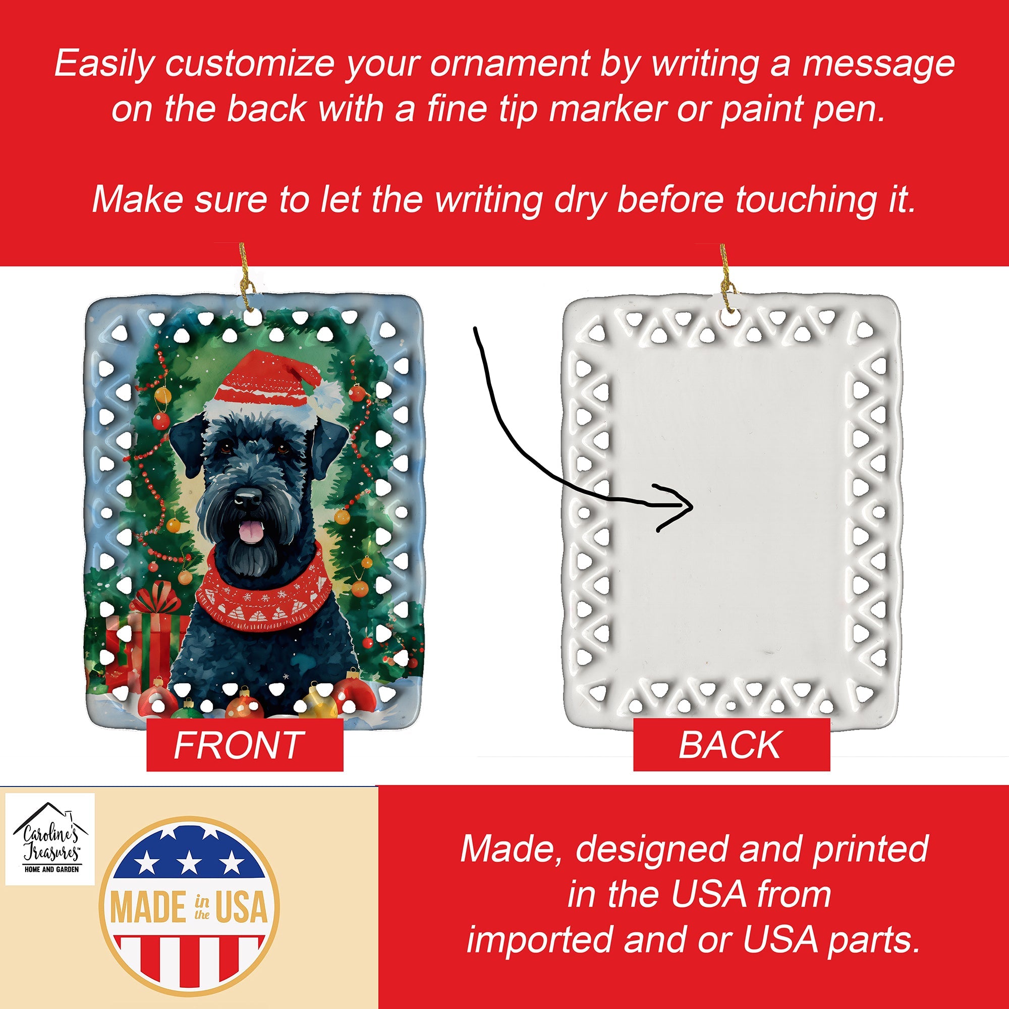 Kerry Blue Terrier Christmas Porcelain Ornament Christmas Tree Hanging Decorations for Home Christmas Holiday, Rectangle, Gift, Multicolor