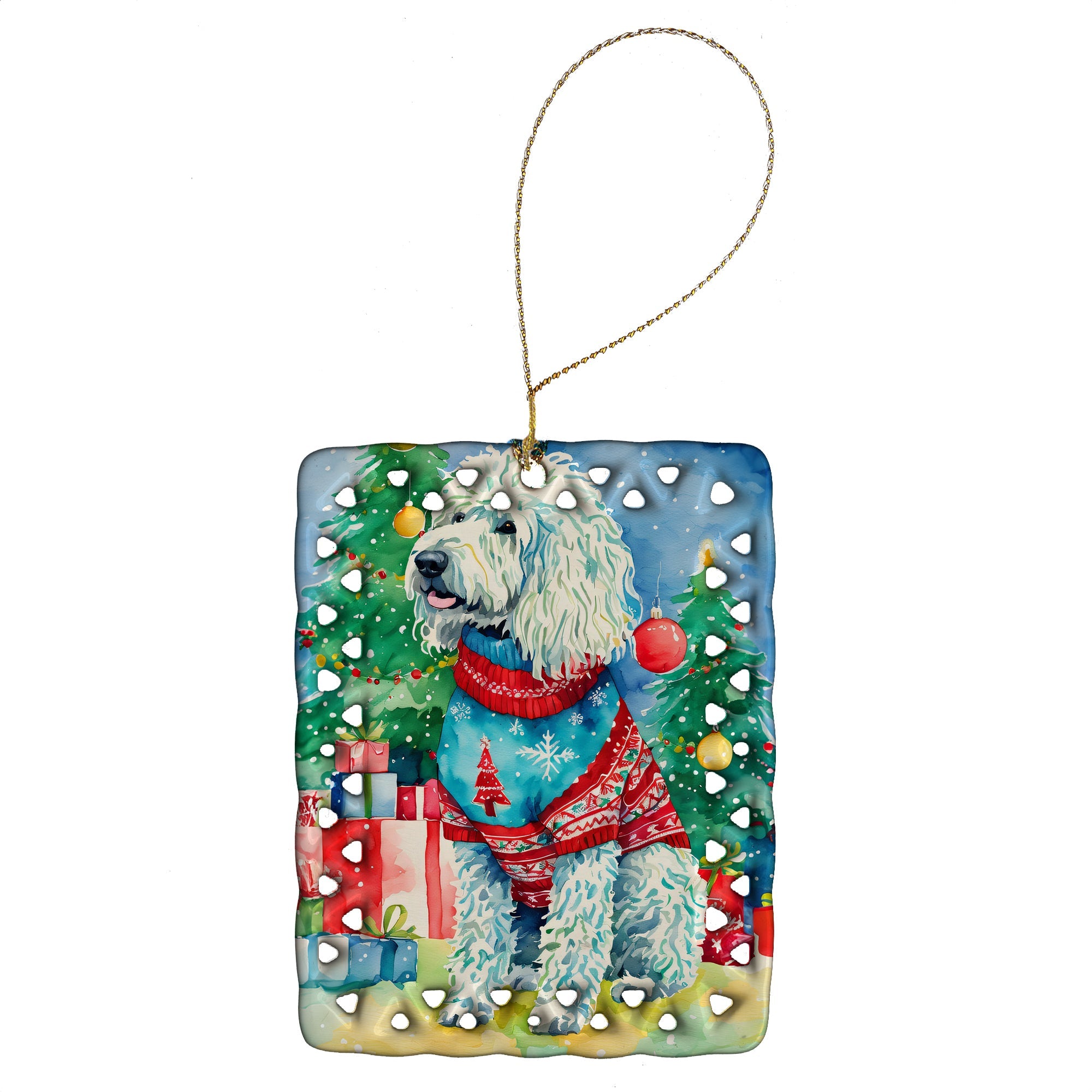 Komondor Christmas Porcelain Ornament Christmas Tree Hanging Decorations for Home Christmas Holiday, Rectangle, Gift, Multicolor