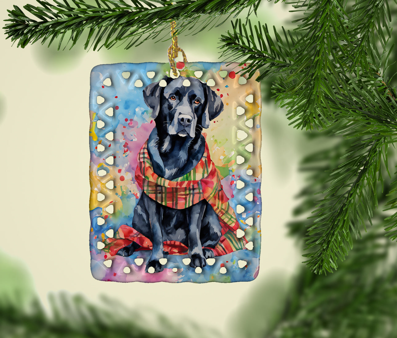 Black Labrador Retriever Christmas Porcelain Ornament Christmas Tree Hanging Decorations for Home Christmas Holiday, Rectangle, Gift, Multicolor