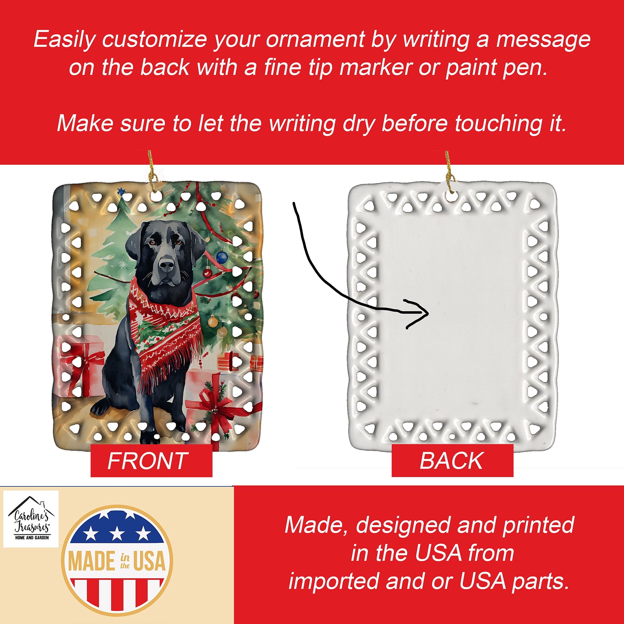 Black Labrador Retriever Christmas Porcelain Ornament Christmas Tree Hanging Decorations for Home Christmas Holiday, Rectangle, Gift, Multicolor